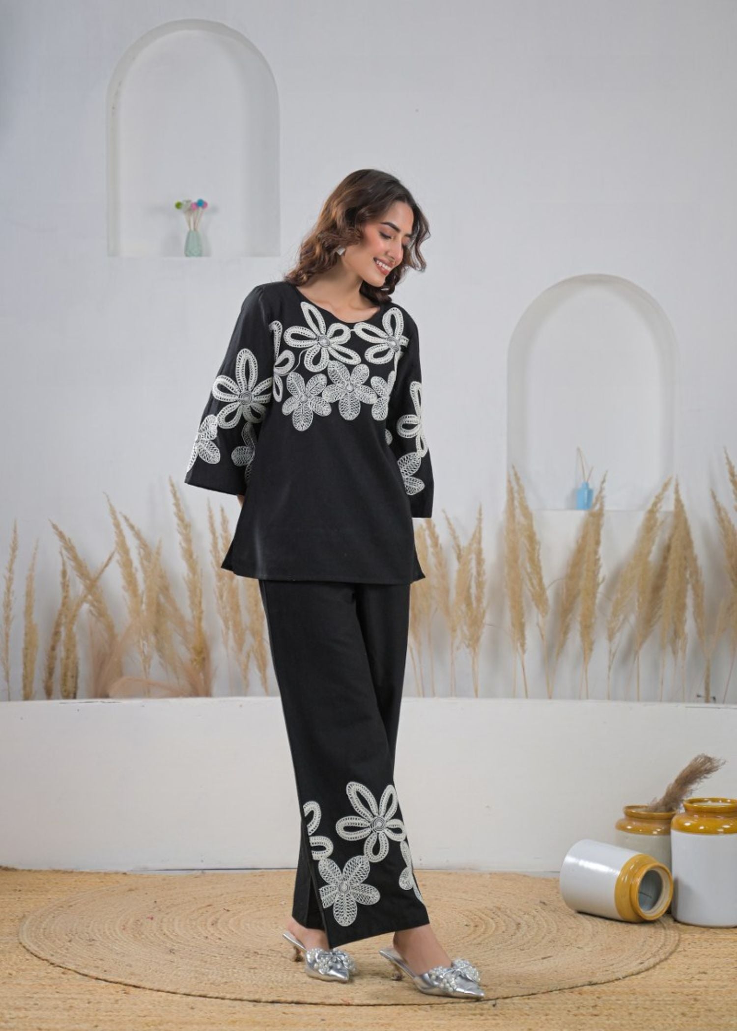 Black Cotton Embroidered Top and Bottom Cord set