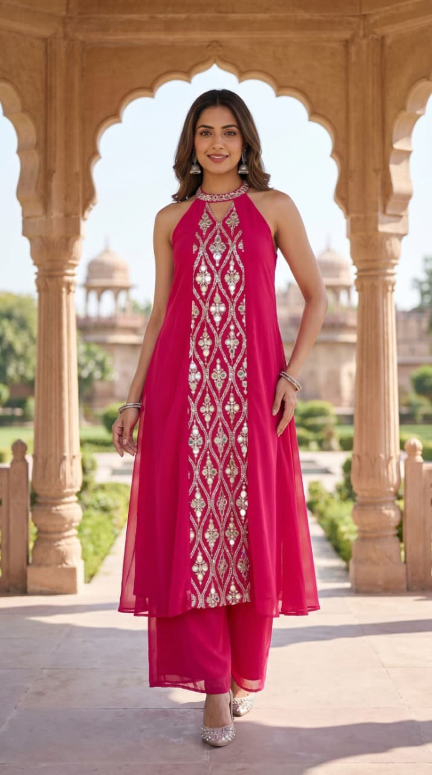 Festive Elegance Magenta Pink Halter Neck Cord Set