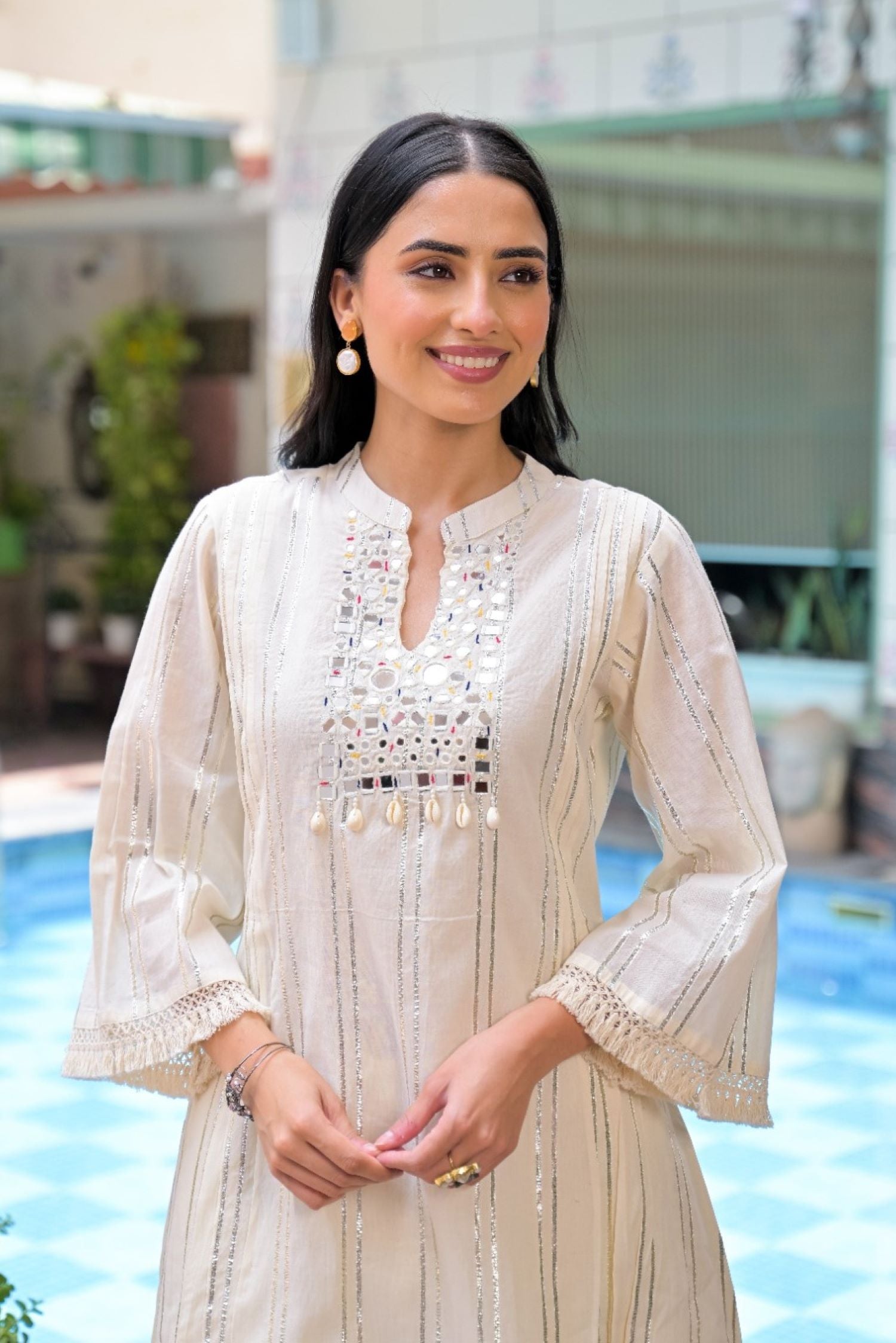 Off-White Mirror Work A-Line Kurta Co-Ord Set.