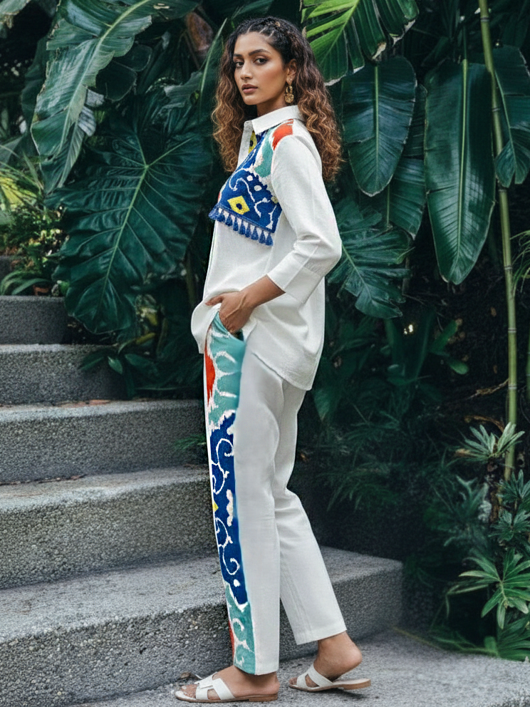 White Cotton Co-ord Set with Ikat-Inspired Panel Design & Shirt Collar