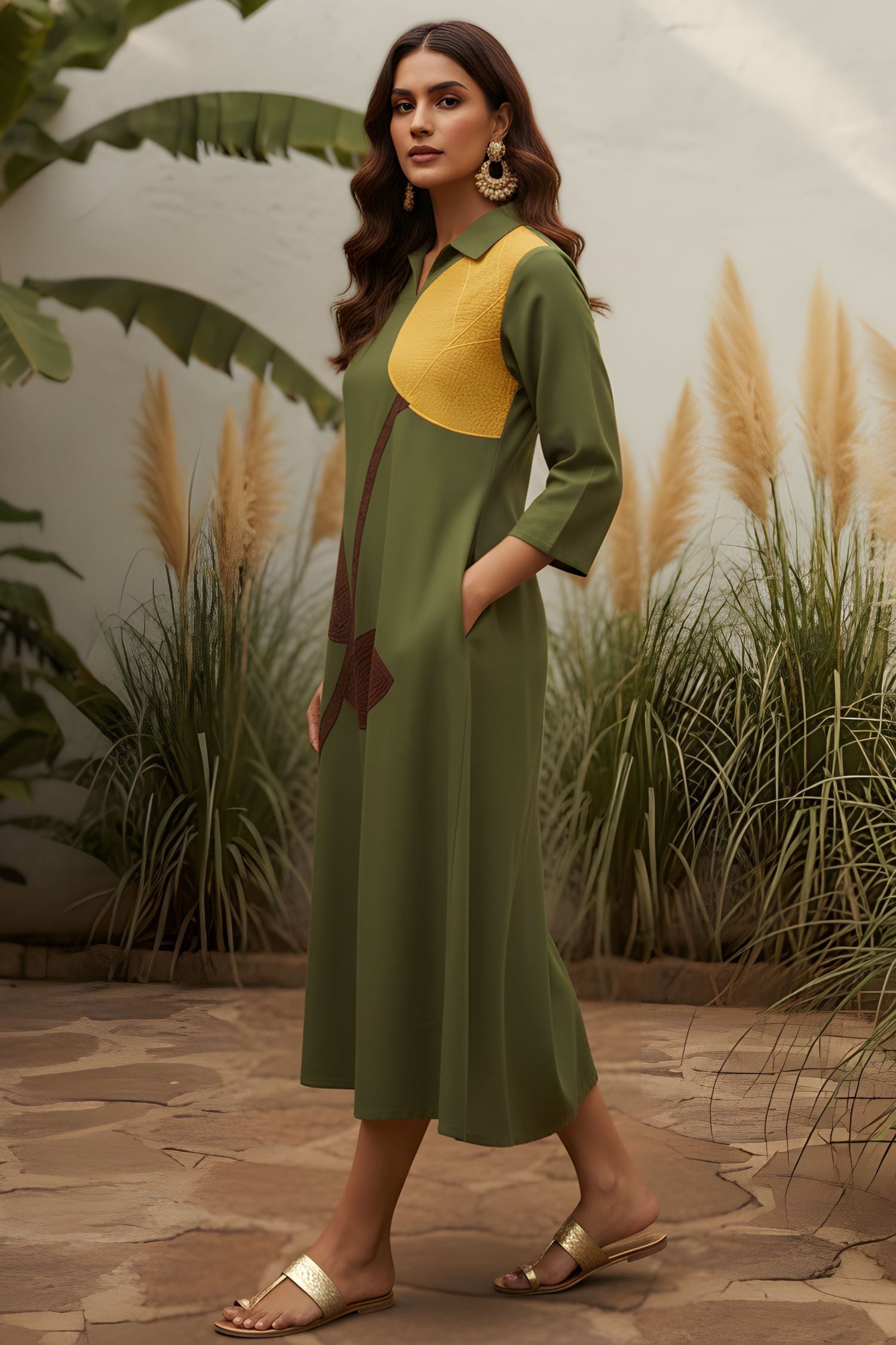 Regular Fit Leaf Green Collar Neck Dress.