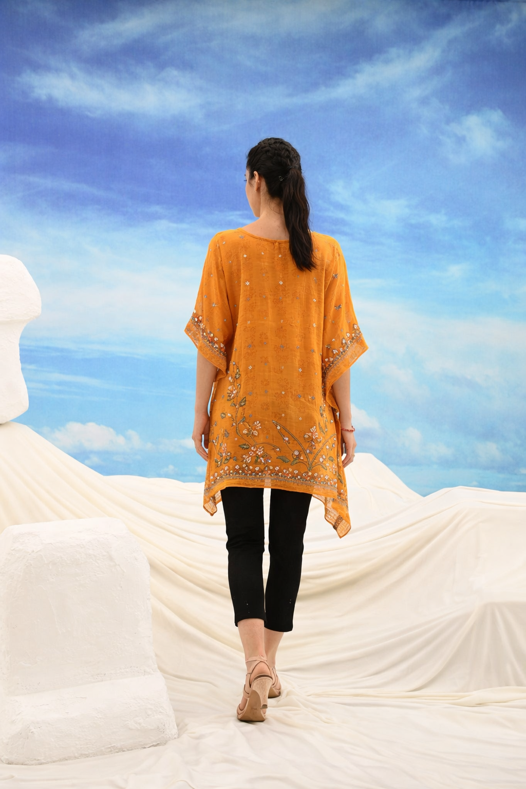 Mustard Mirror Work Embroidered Short Kaftan