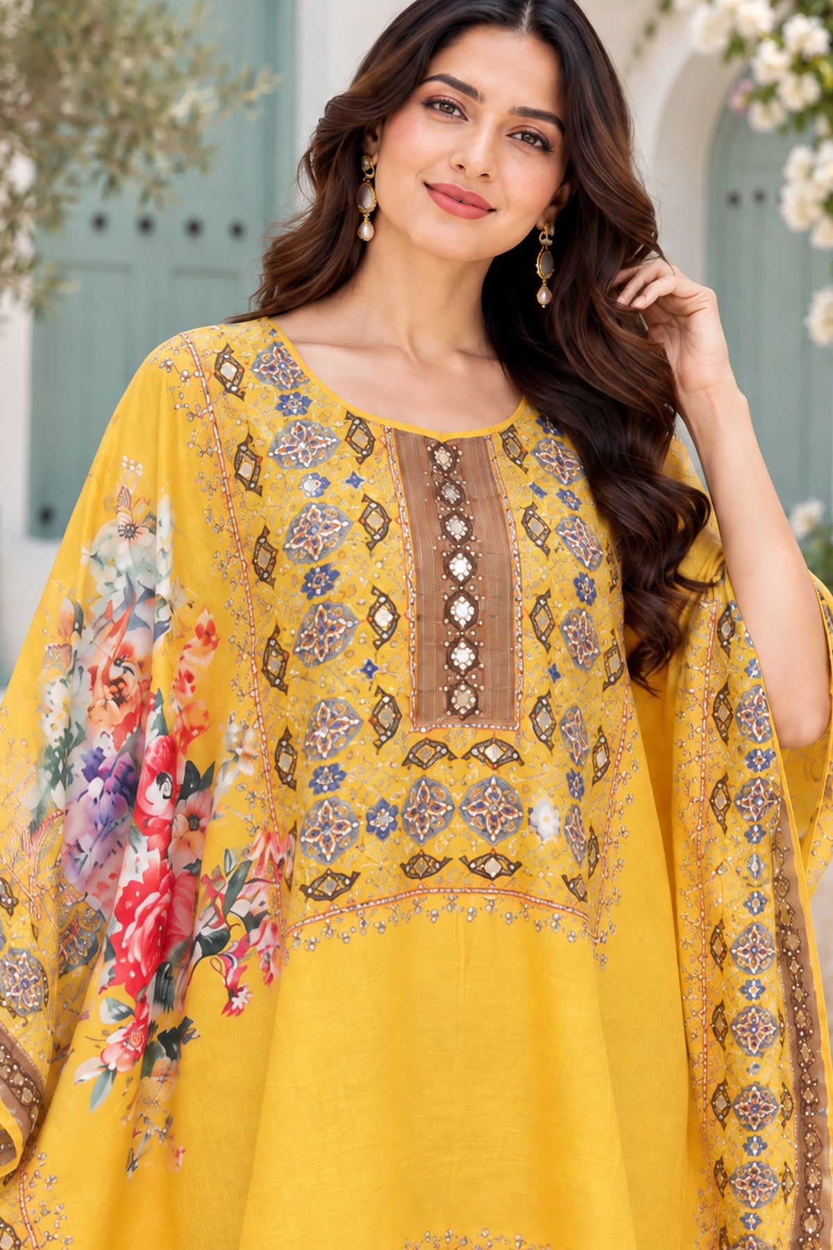 Yellow Printed Kaftan Dress