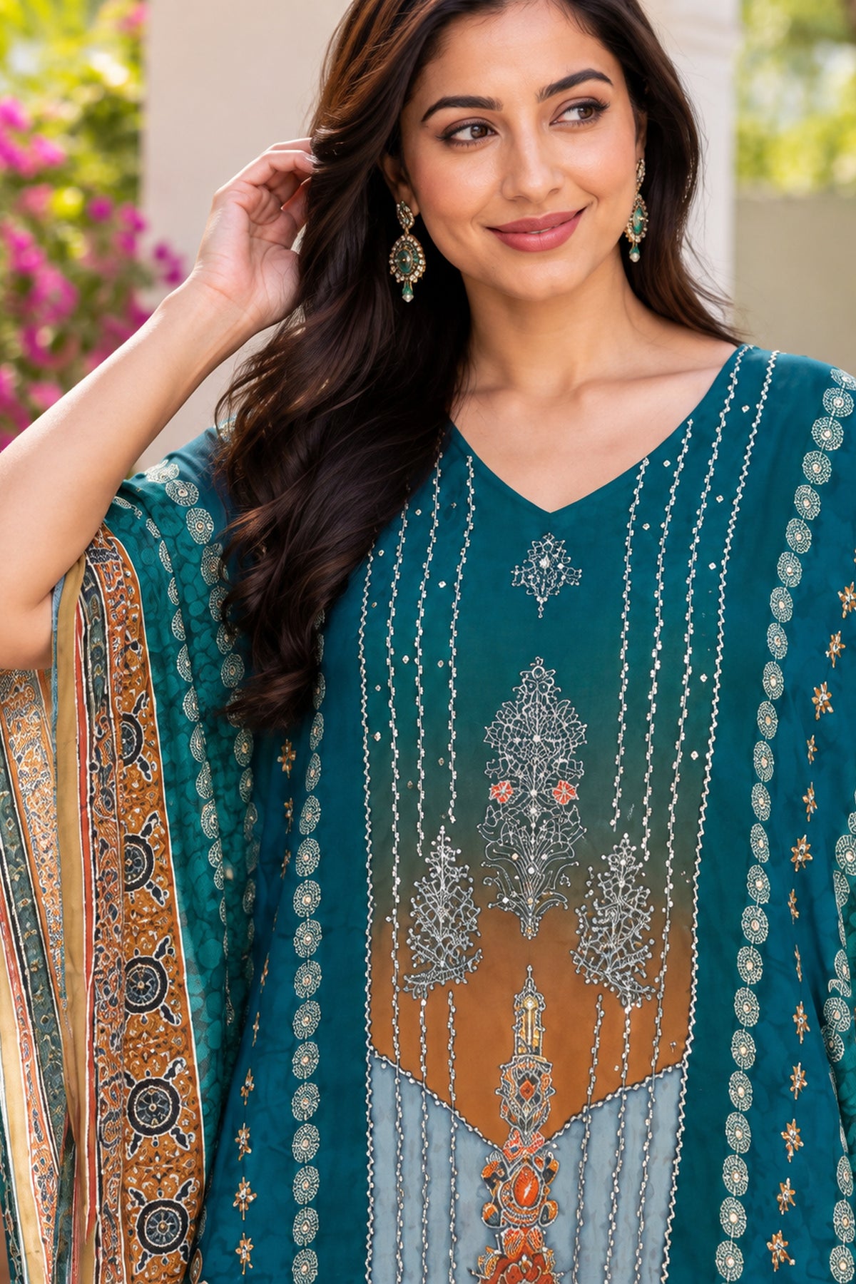 Green Polyester Floral Print Kaftan