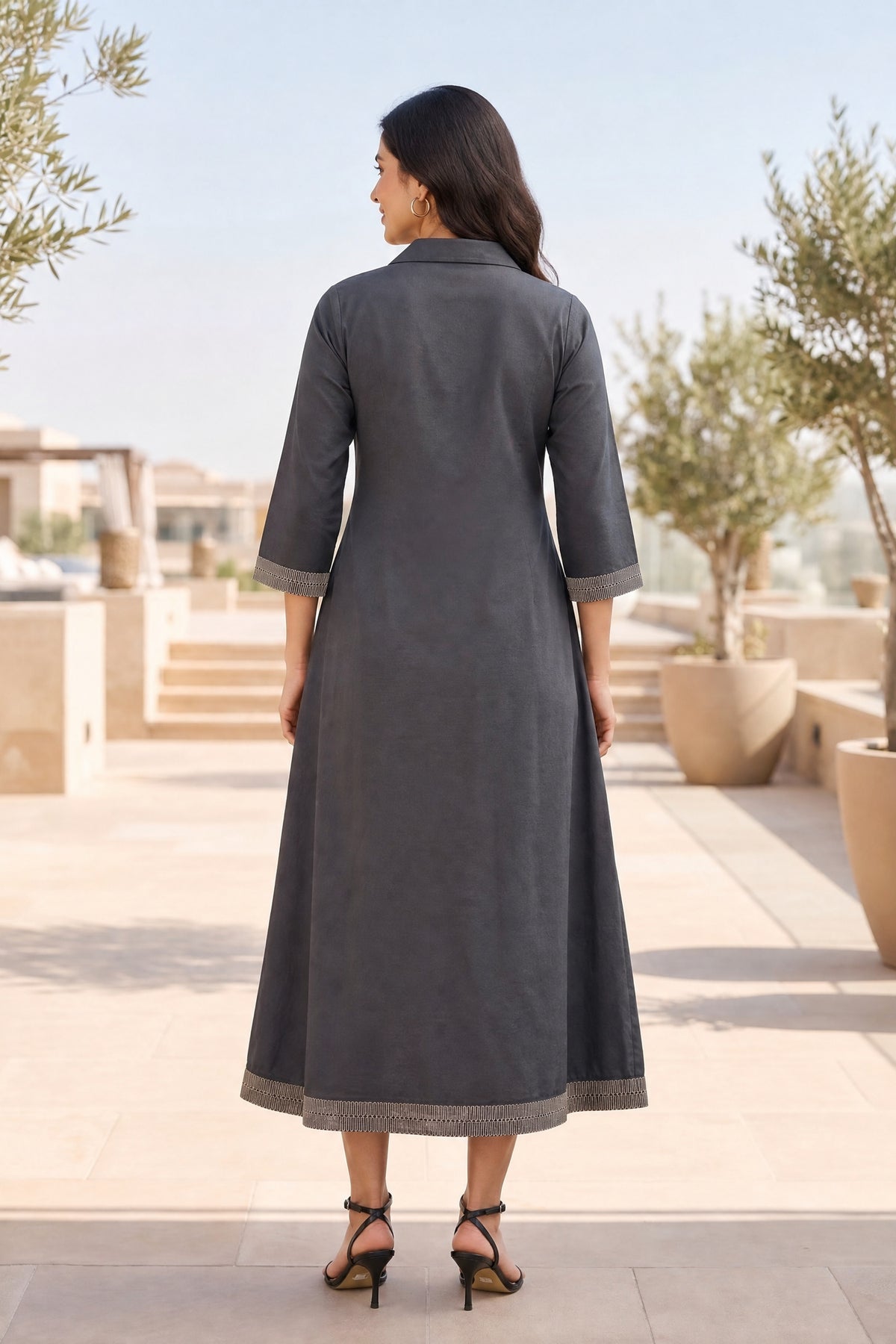 Grey Embroidered Long Dress with A-Line Fit