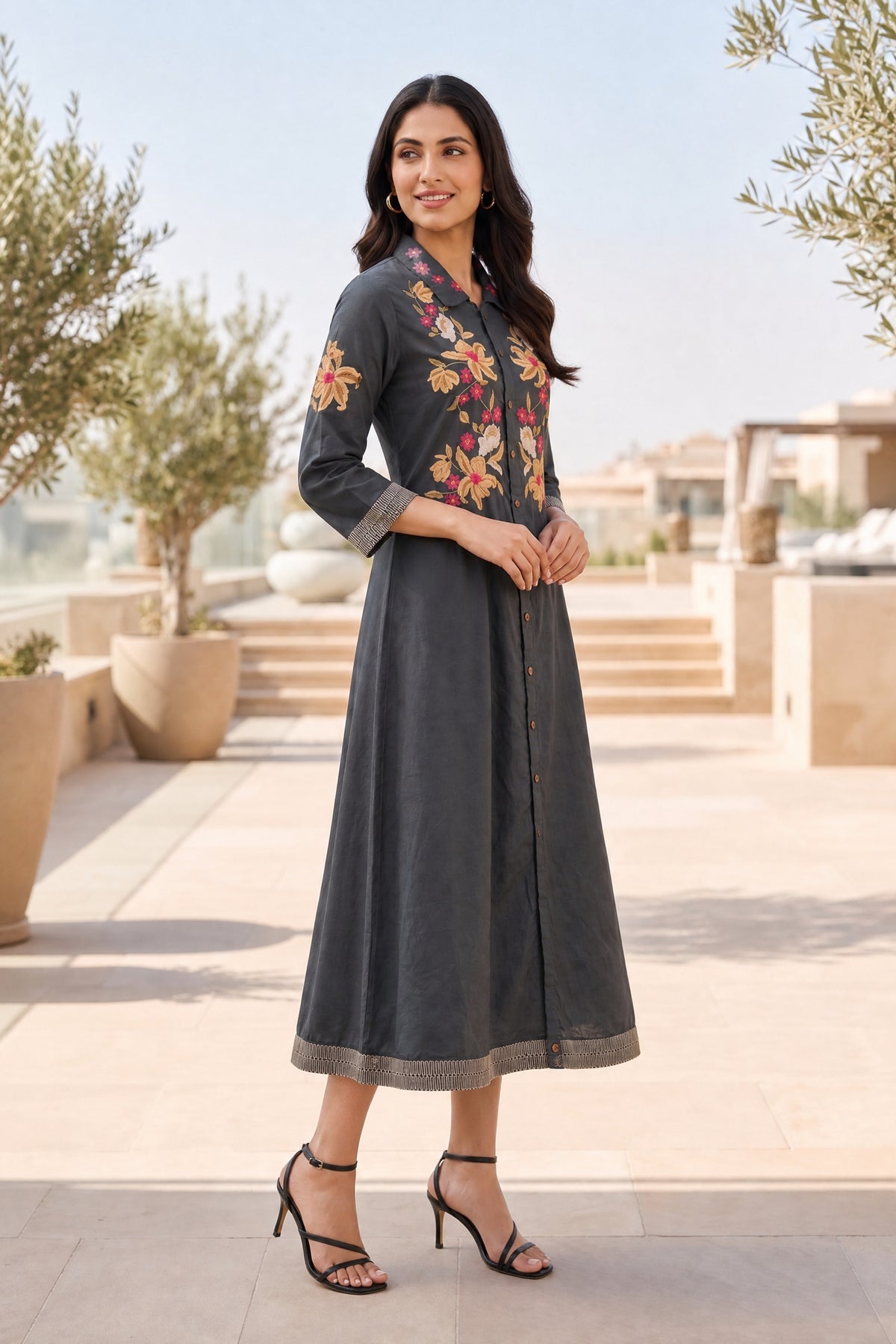 Grey Embroidered Long Dress with A-Line Fit
