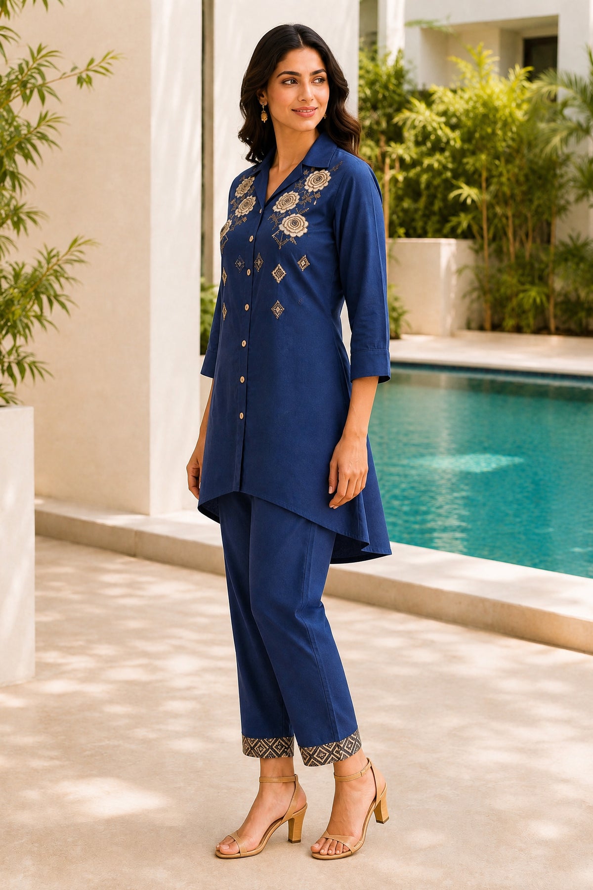 Navy Blue Floral Embroidered Coord Set