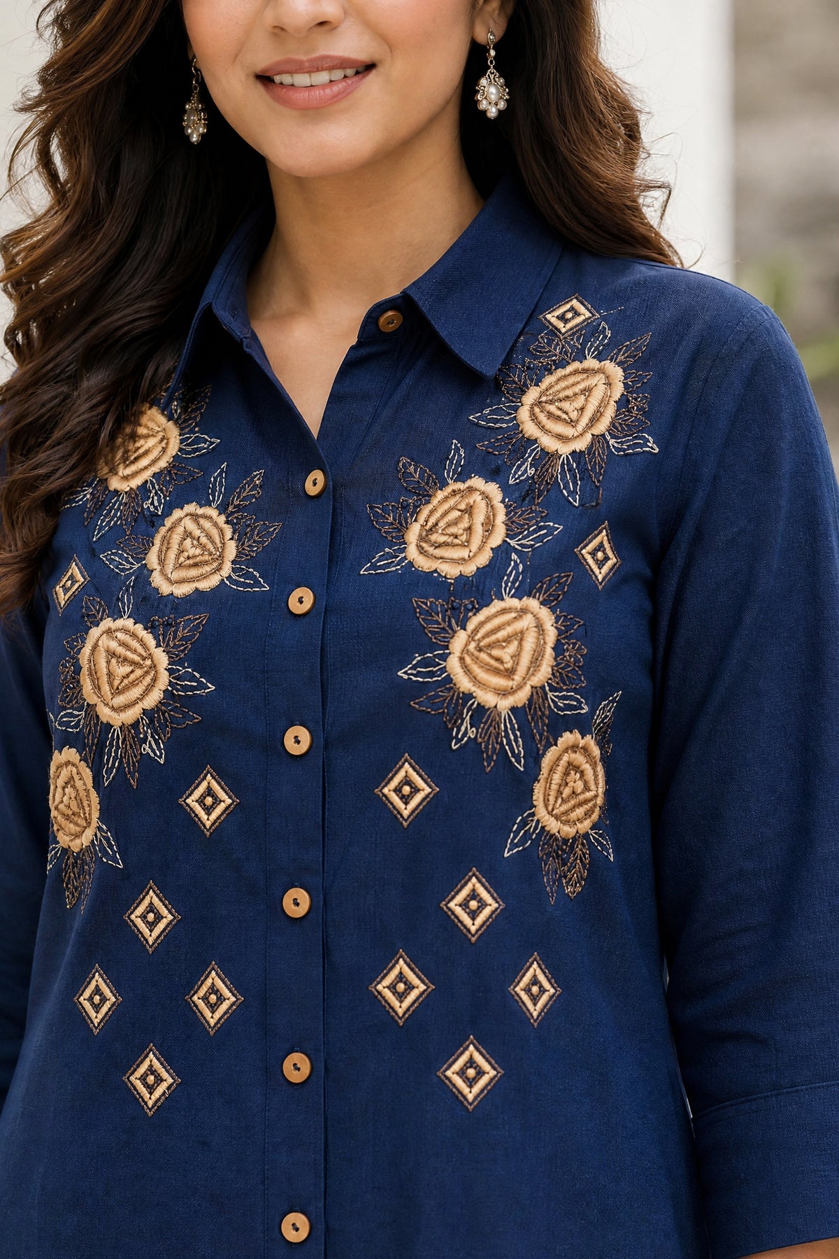 Navy Blue Floral Embroidered Cotton Dresses