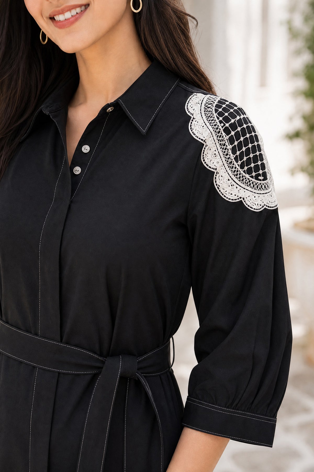 Black cotton Dress with White Floral Embroidery