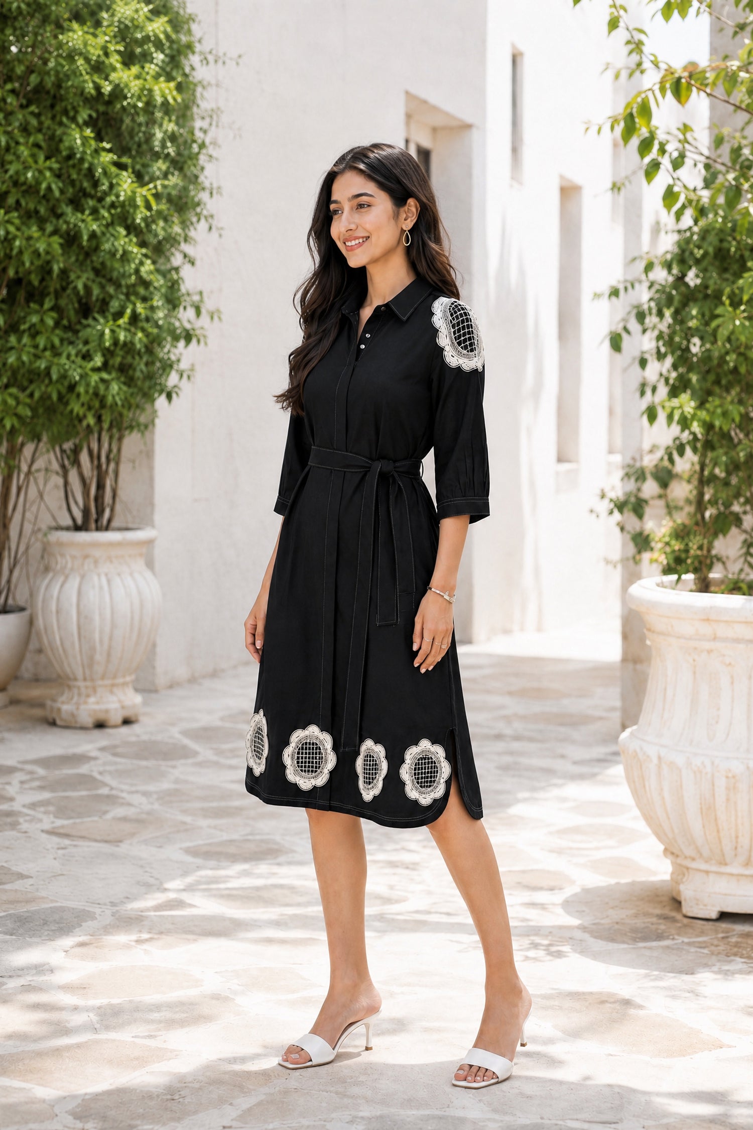Black cotton Dress with White Floral Embroidery