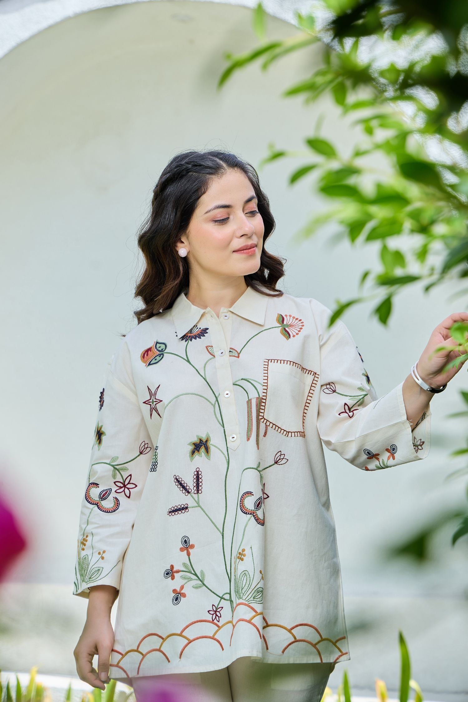 Floral Muse Hand-Embroidered Cotton Coord with Collar
