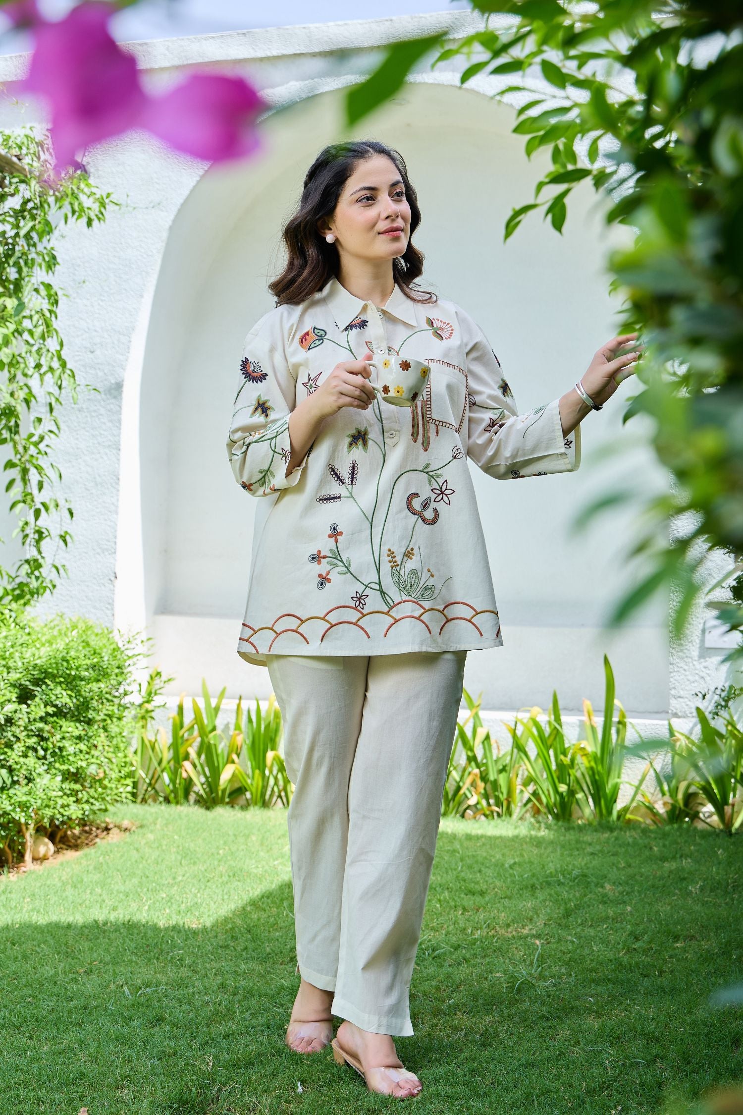 Floral Muse Hand-Embroidered Cotton Coord with Collar