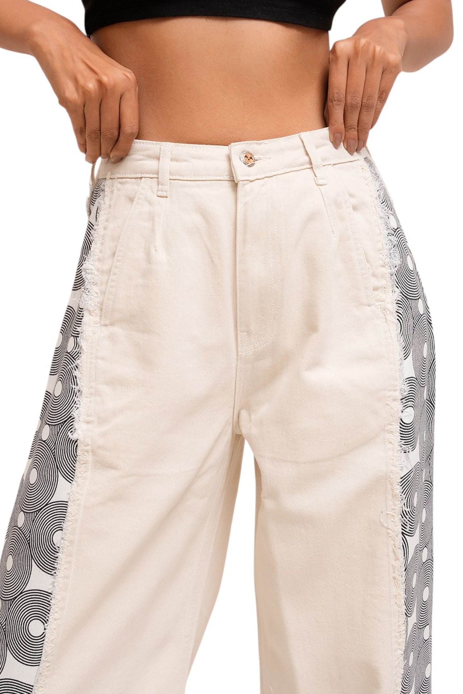 Printed Side Panel Beige Denim