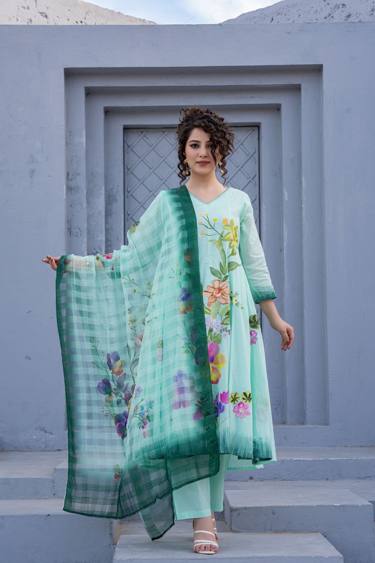 Green Petal Print Dupatta Set