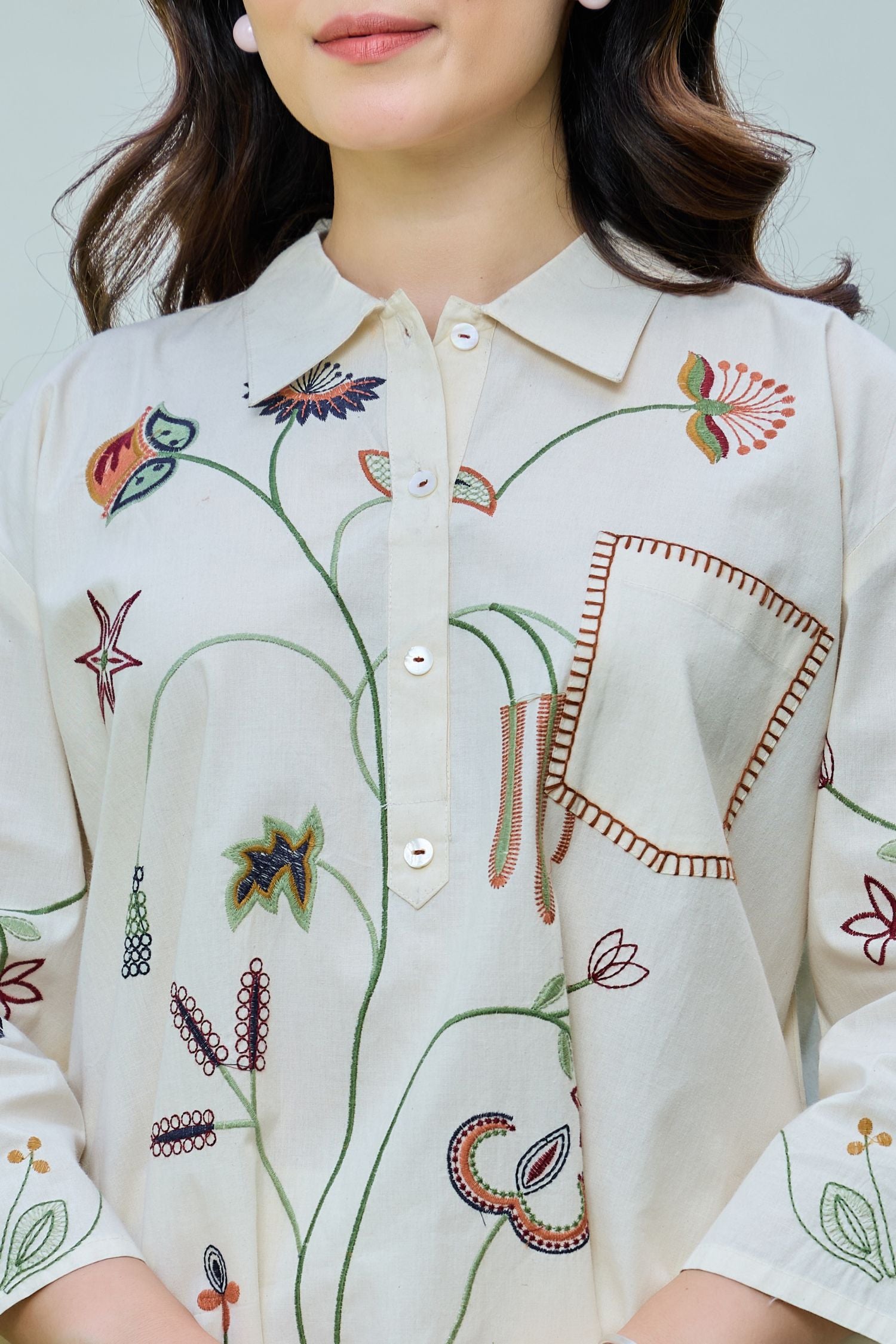 Floral Muse Hand-Embroidered Cotton Coord with Collar