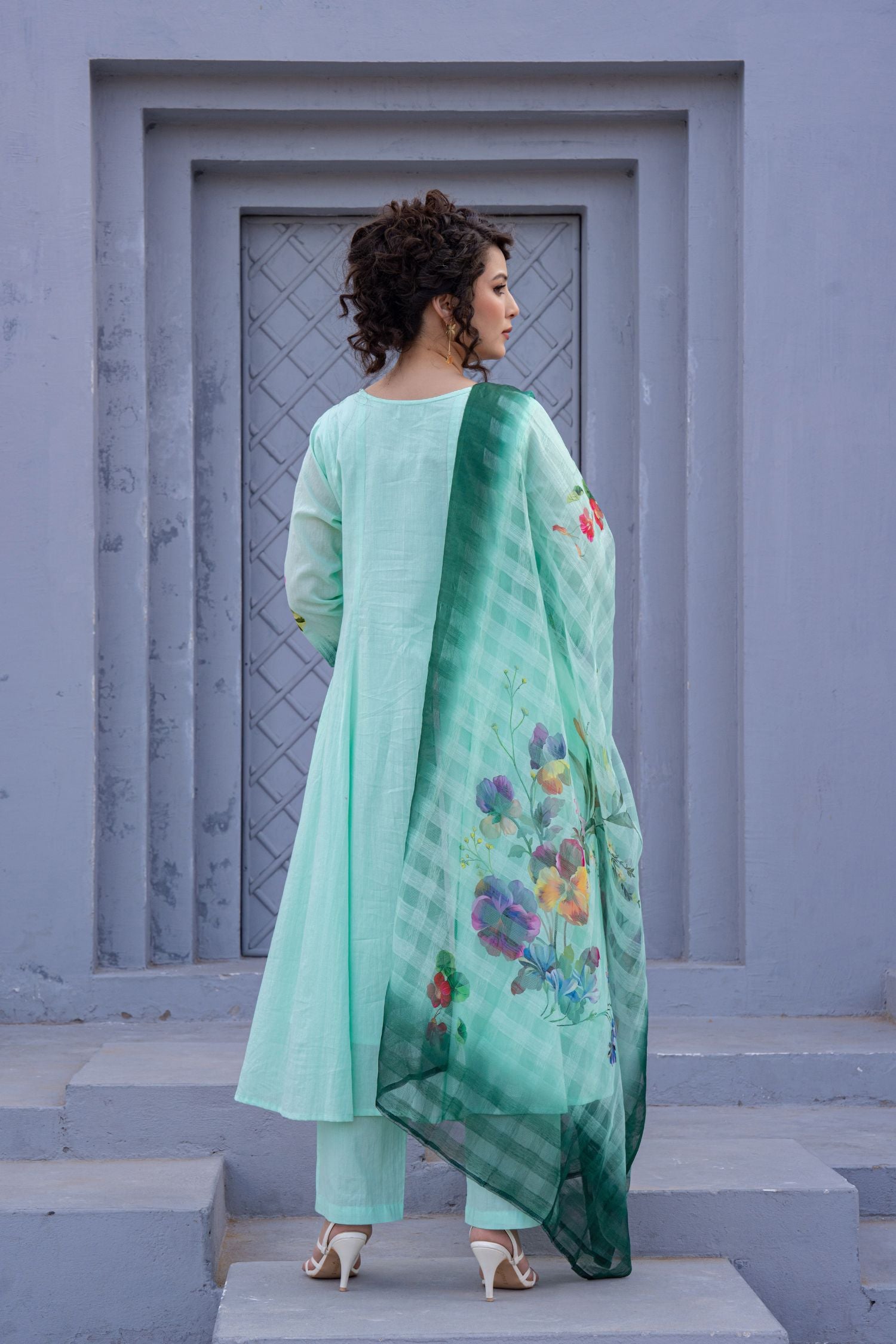Green Petal Print Dupatta Set