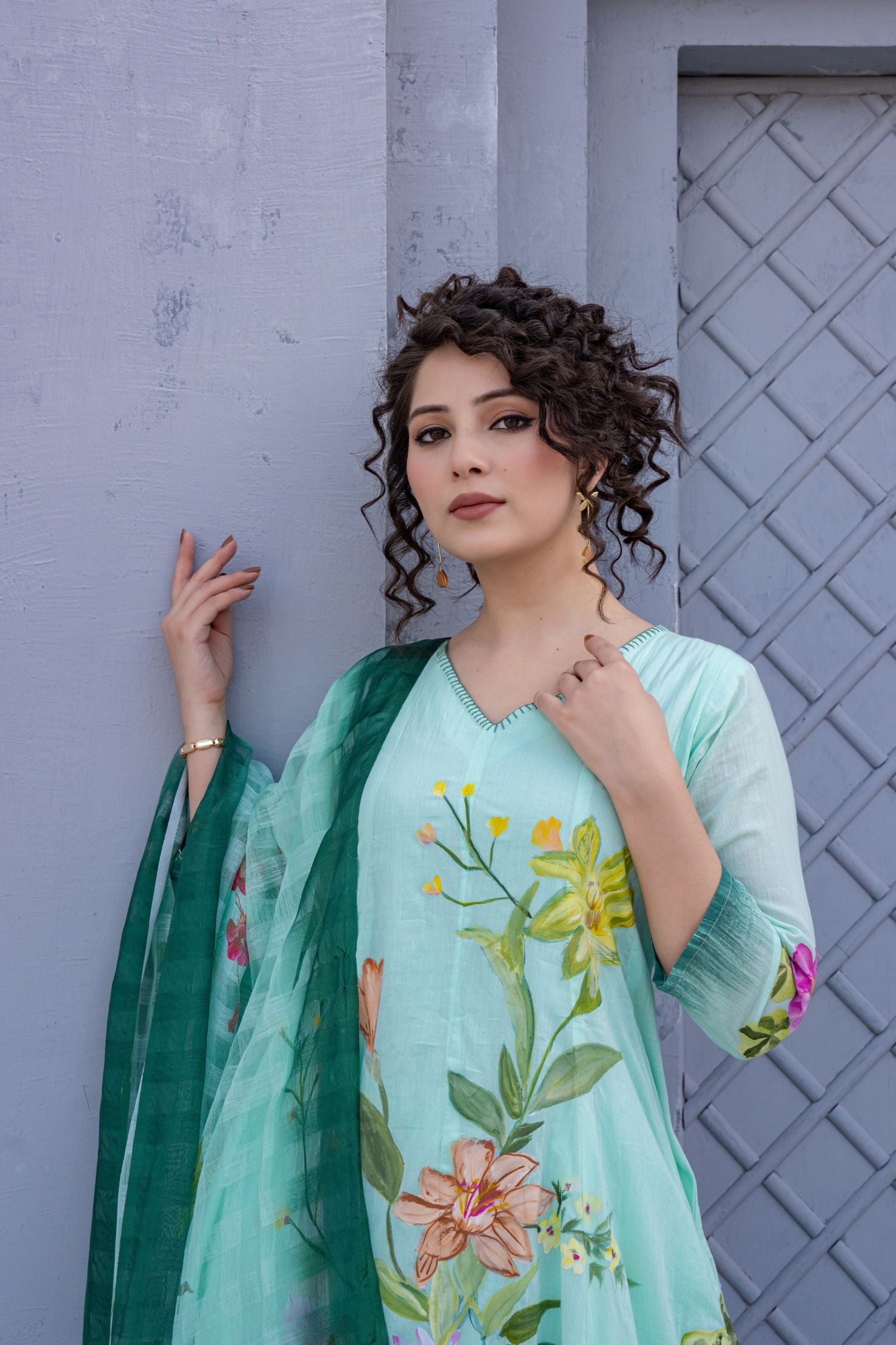 Green Petal Print Dupatta Set