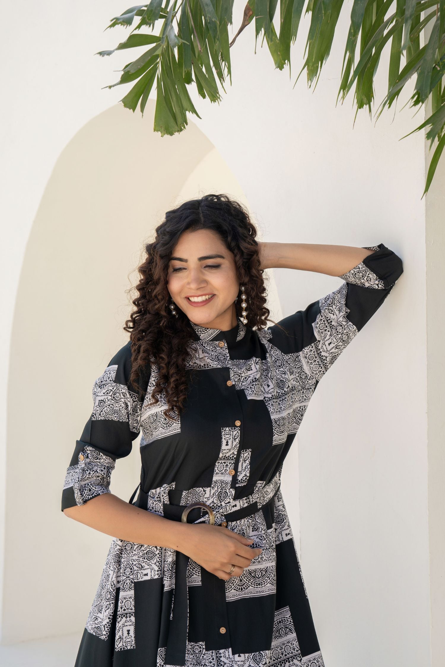 OLIVE GREEN MADARIN COLLAR PATCH PRINTED MIDI DRESS