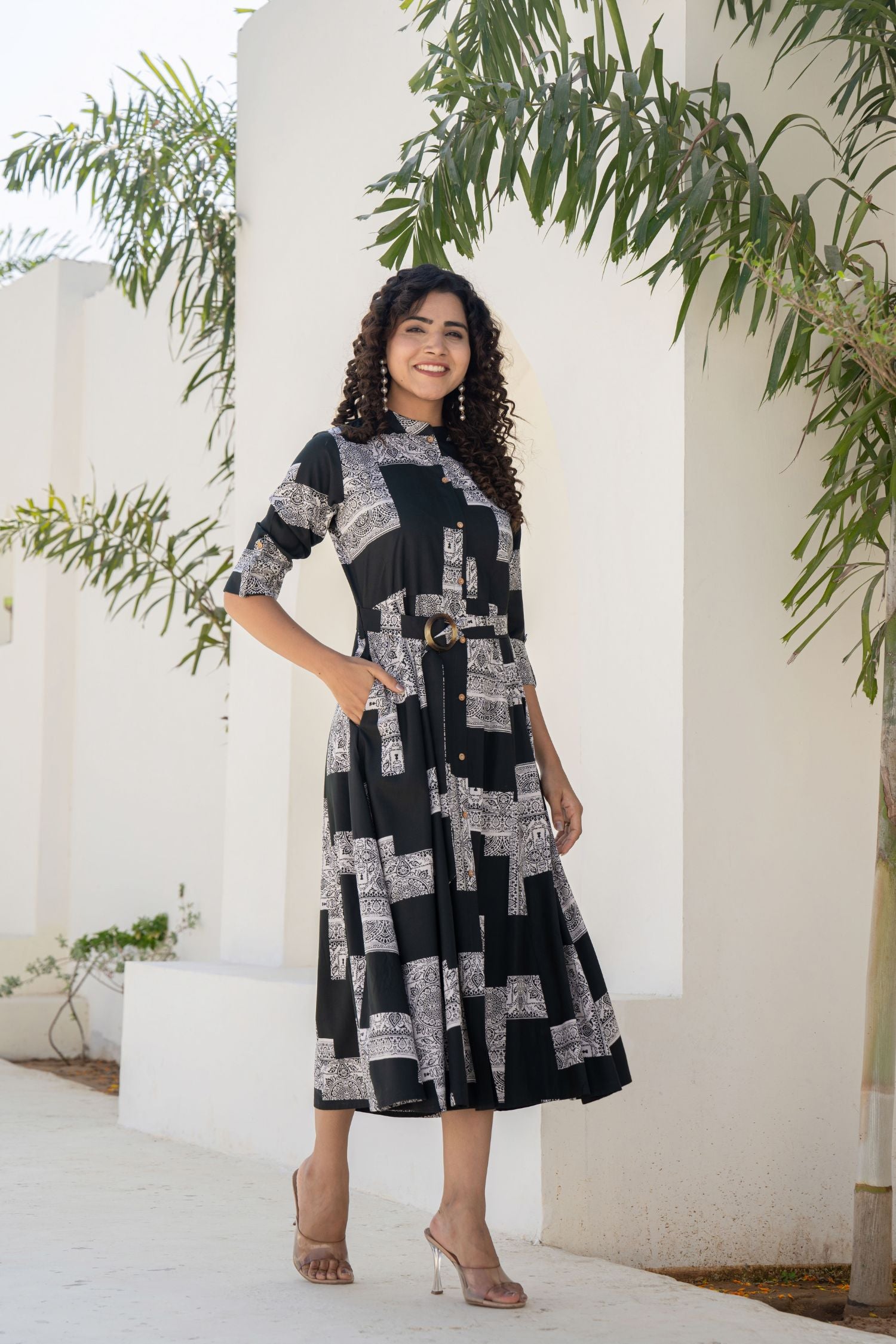OLIVE GREEN MADARIN COLLAR PATCH PRINTED MIDI DRESS