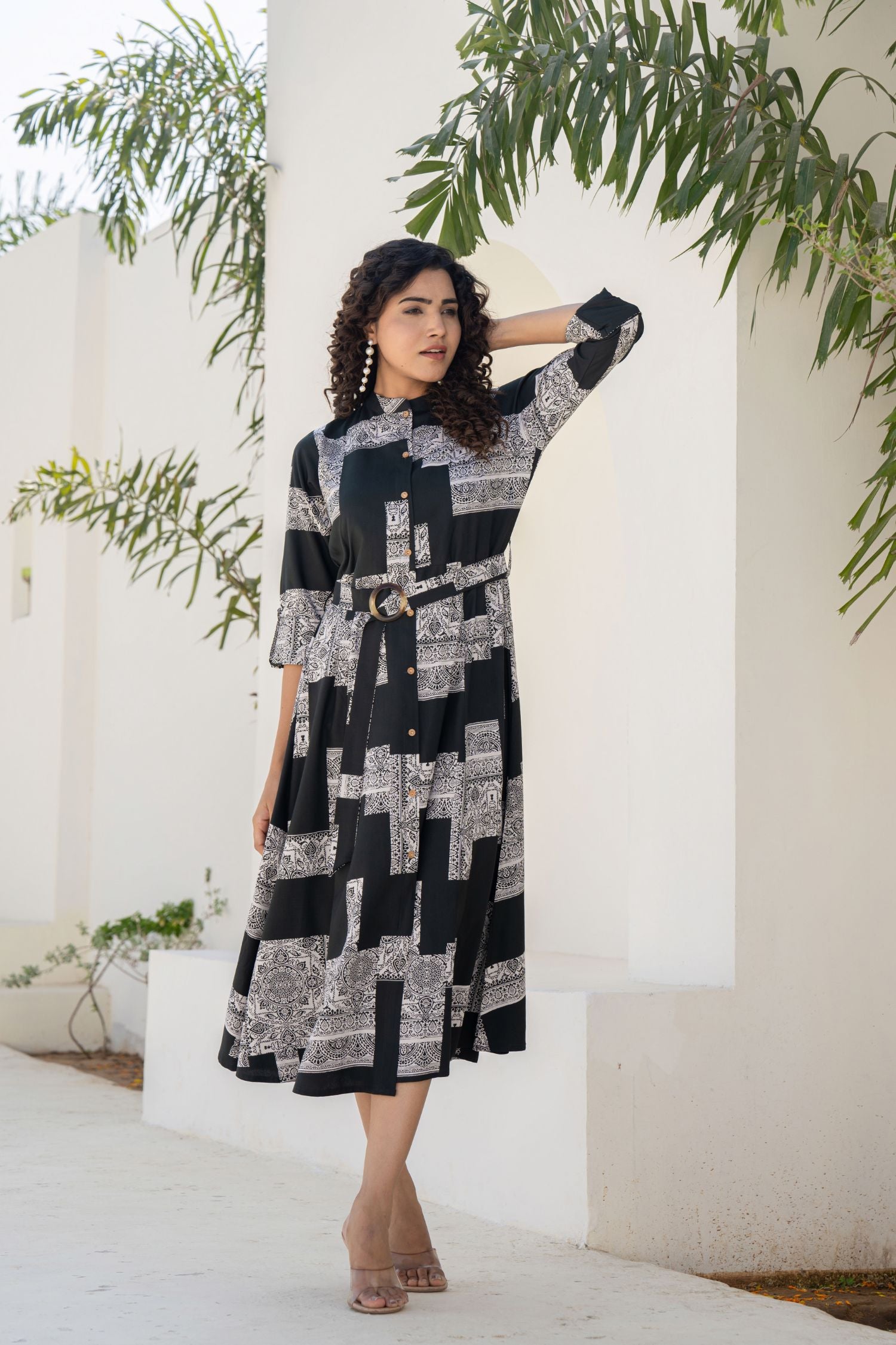 OLIVE GREEN MADARIN COLLAR PATCH PRINTED MIDI DRESS