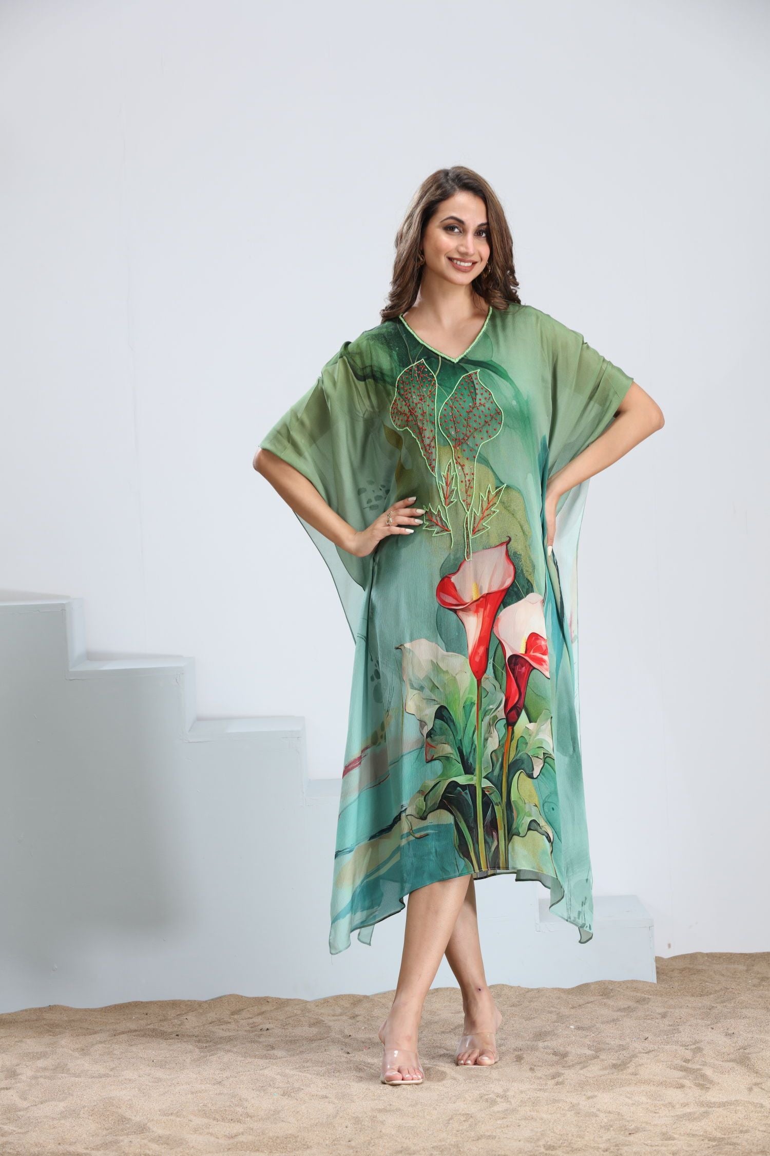 Viscose Chinon Kaftan in Green with Intricate Embroidery