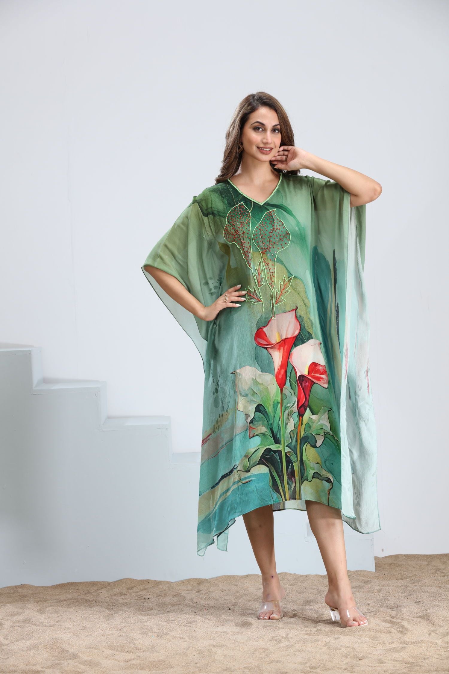 Viscose Chinon Kaftan in Green with Intricate Embroidery