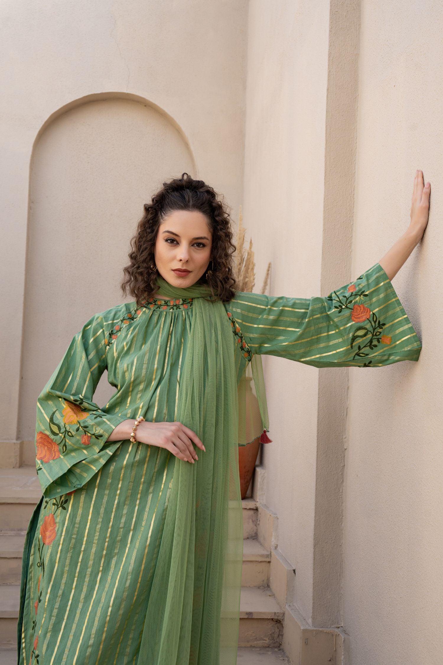 Three-Piece Suit with Intricate Floral Embroidery In Pista Green Color