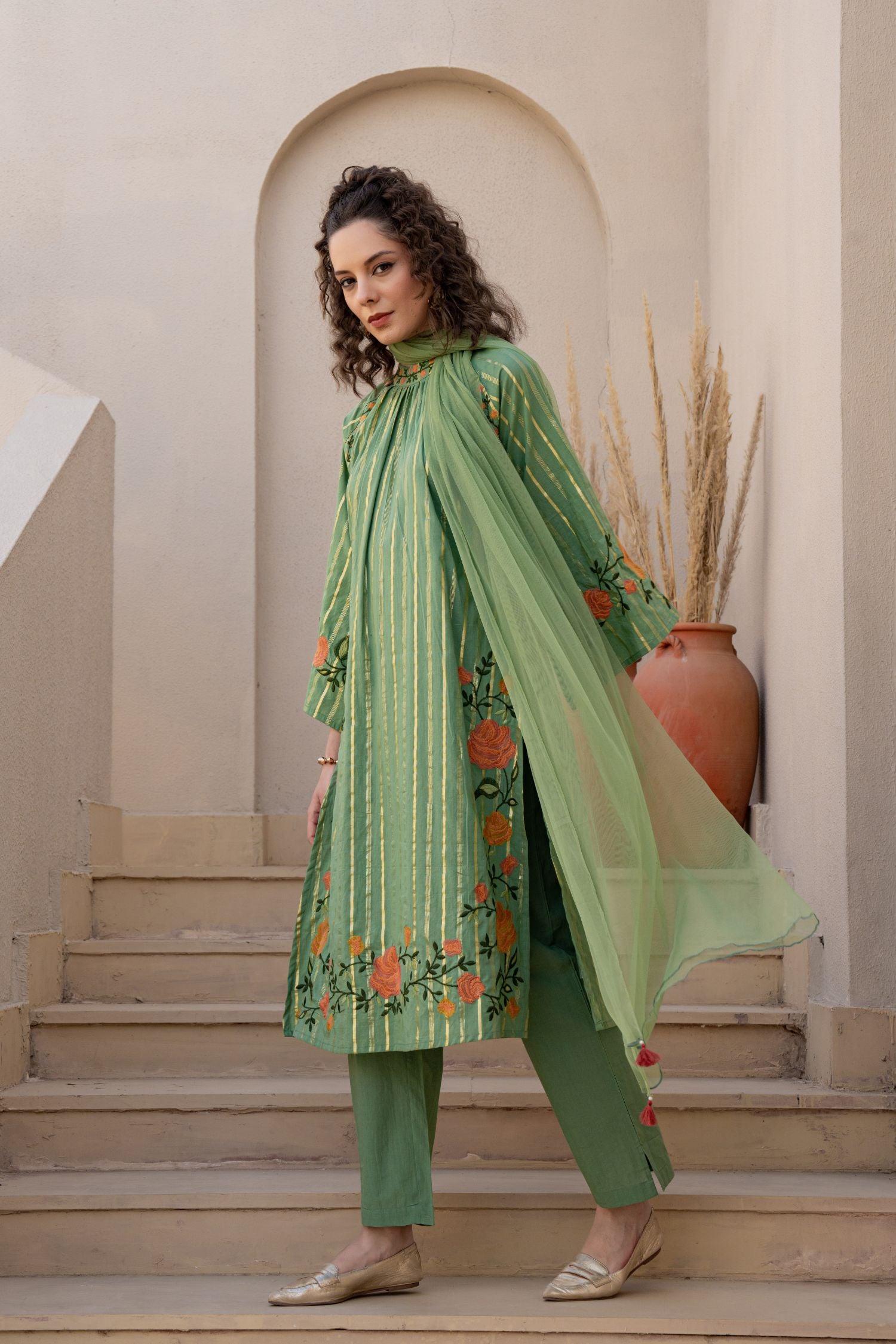 Three-Piece Suit with Intricate Floral Embroidery In Pista Green Color