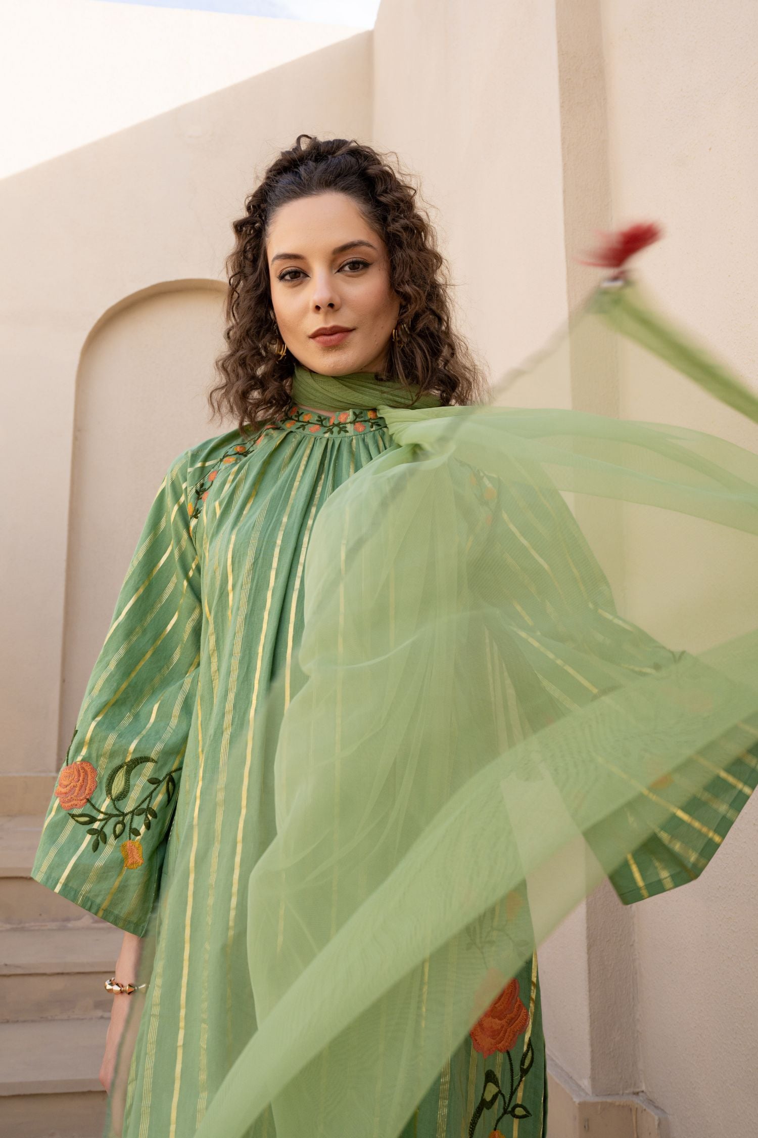 Three-Piece Suit with Intricate Floral Embroidery In Pista Green Color