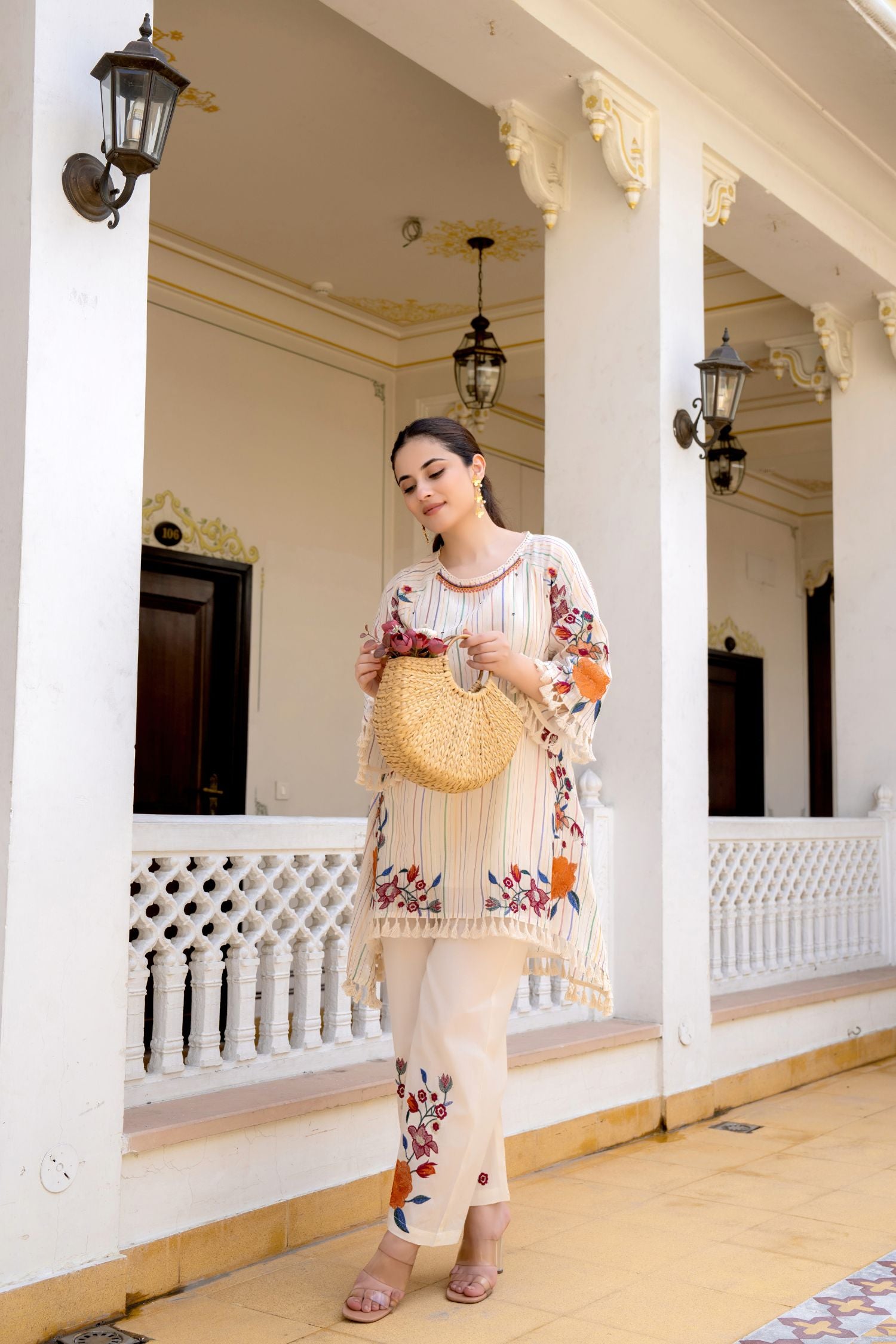 Cream Blossom Embroidered Cord Set