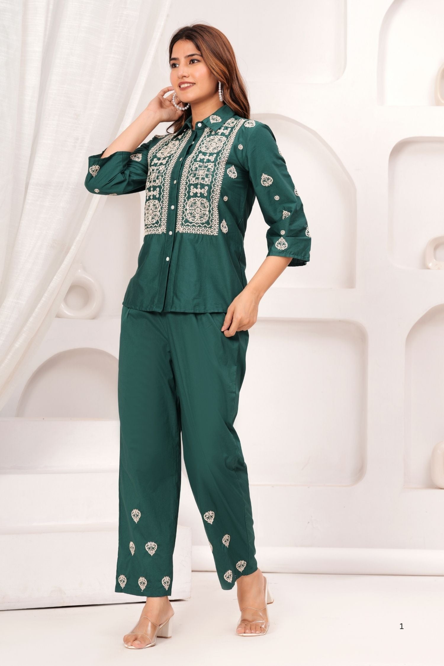 Elegant Green Co-ord Set with Beautiful Embroidery on Top & Pants