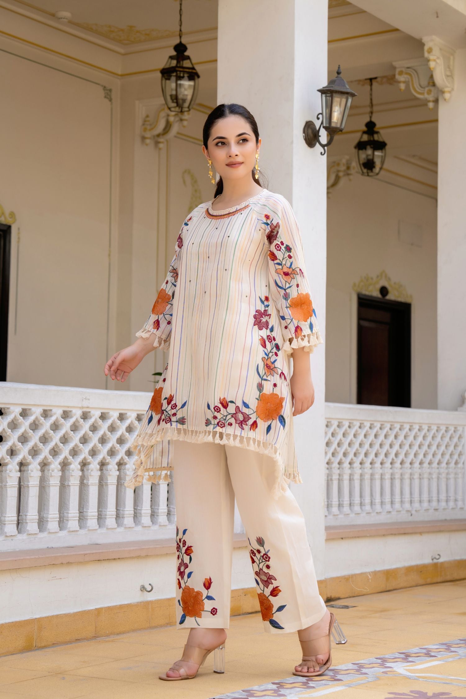 Cream Blossom Embroidered Cord Set