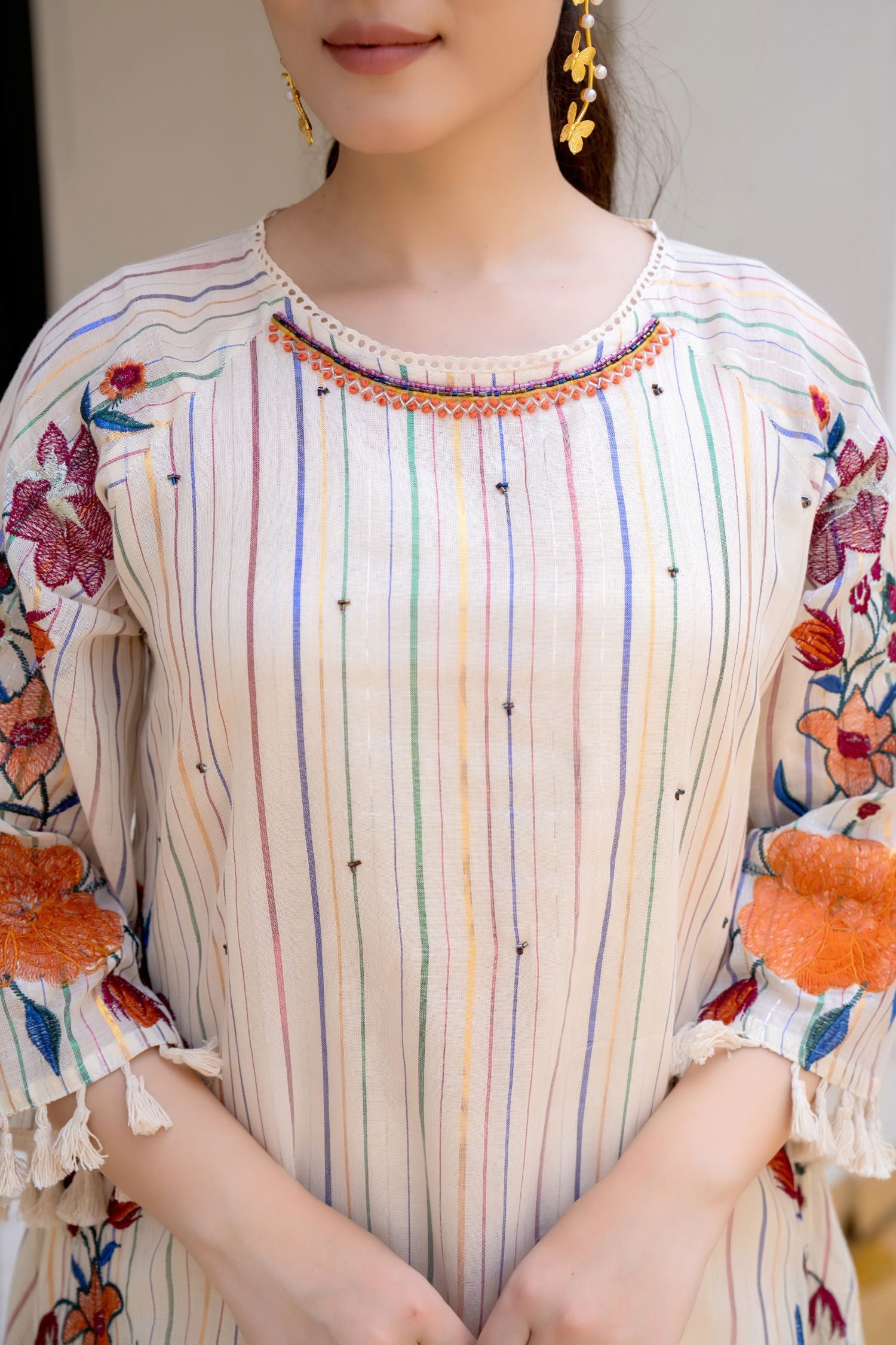 Cream Blossom Embroidered Cord Set