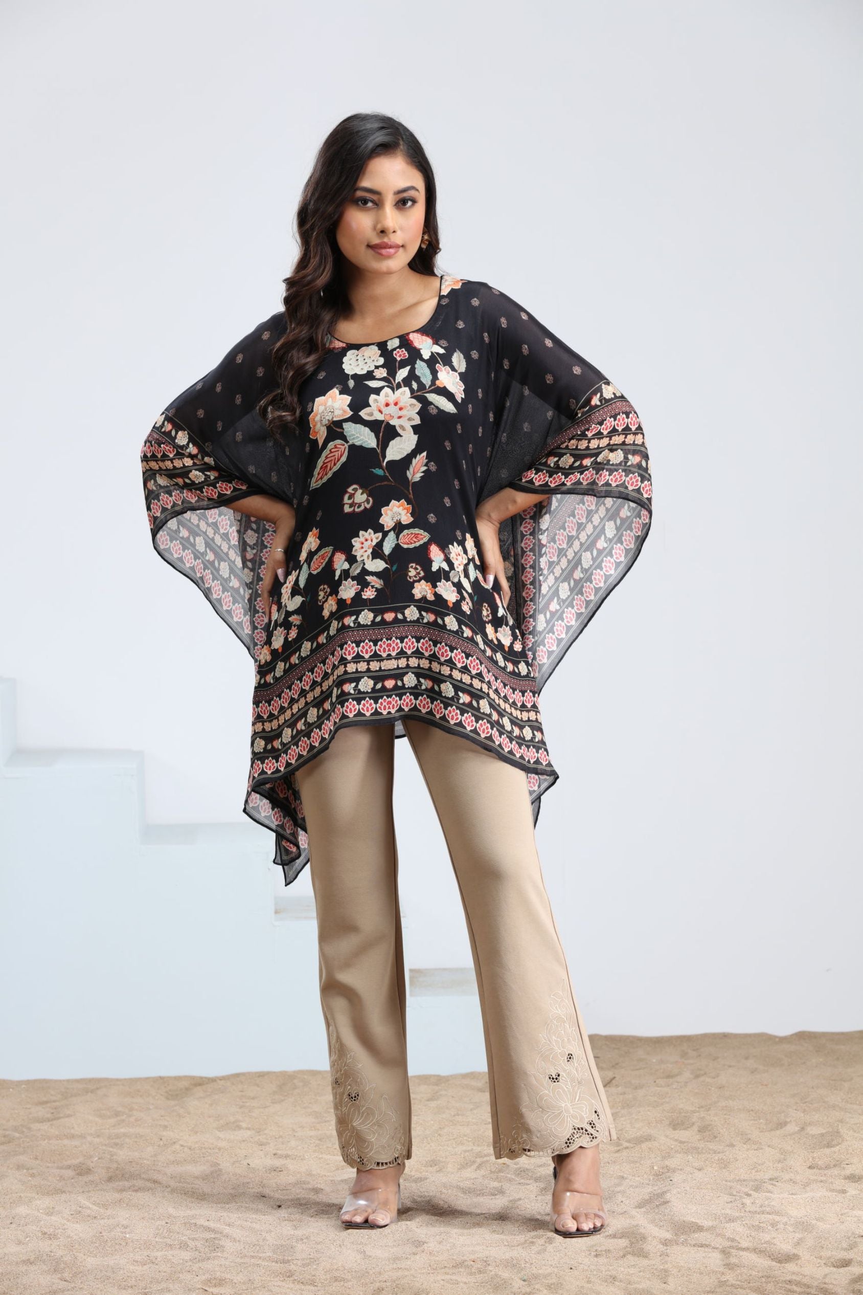 Short Black Print Kaftan