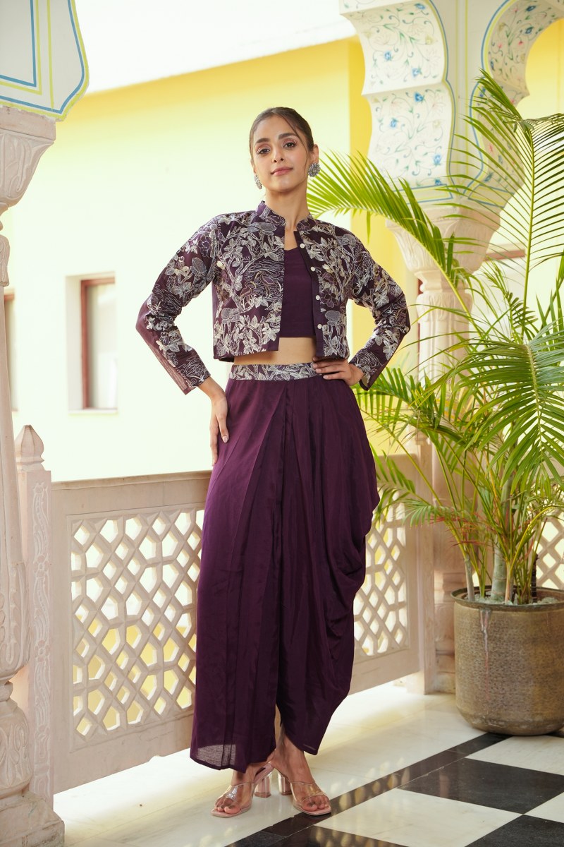 Embroidered Dhoti Pants Co-ord Set - Purple