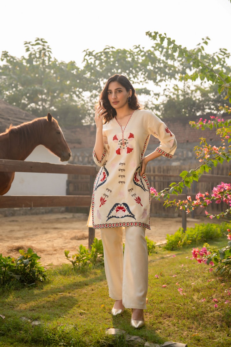 Beige Co-ord Set with Delicate Floral Detailing