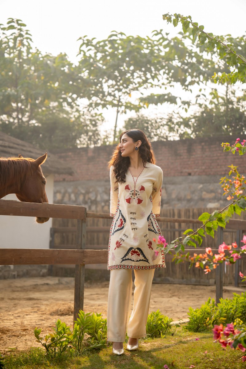 Beige Co-ord Set with Delicate Floral Detailing