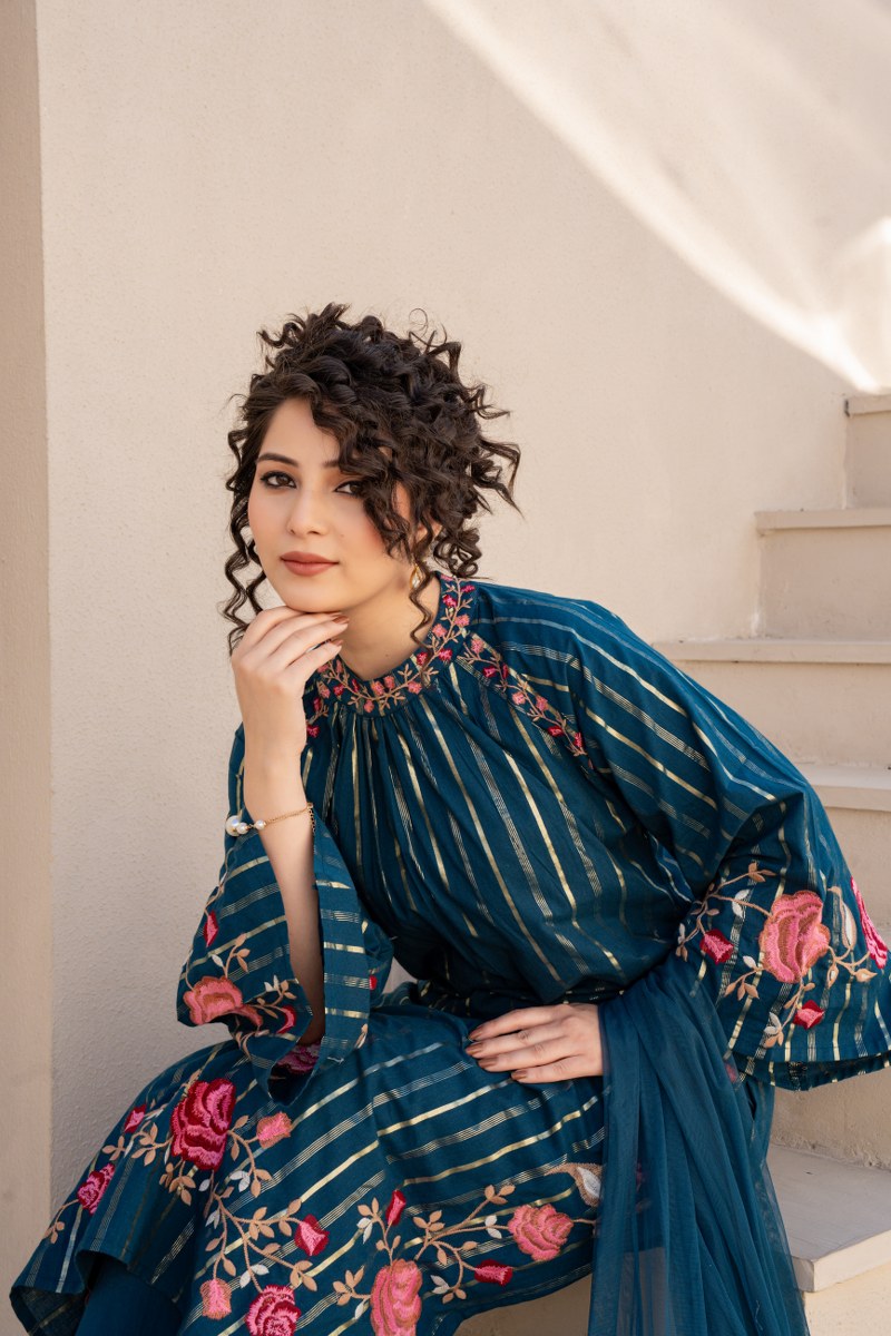Three-Piece Suit with Intricate Floral Embroidery
