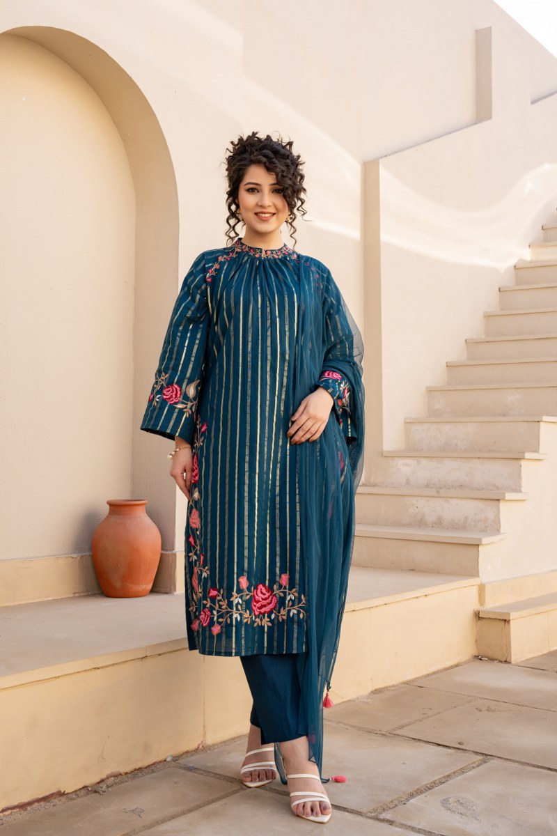 Three-Piece Suit with Intricate Floral Embroidery