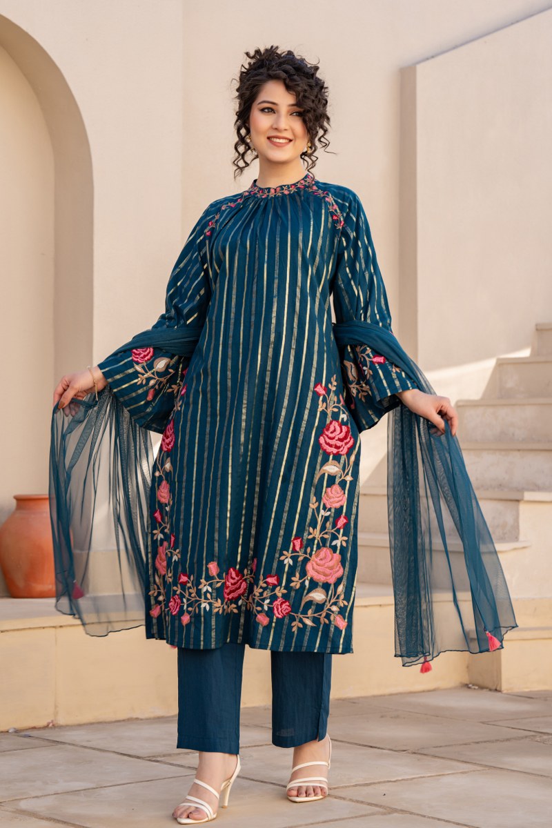 Three-Piece Suit with Intricate Floral Embroidery