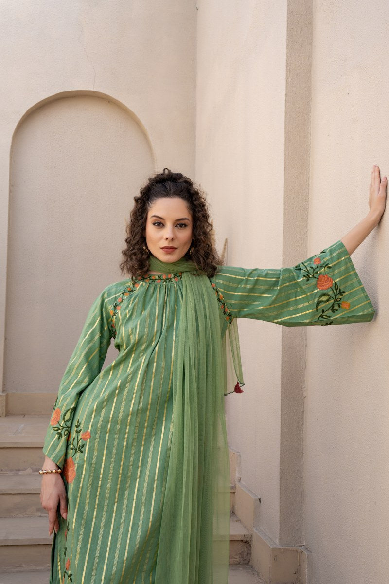 Three-Piece Suit with Intricate Floral Embroidery In Pista Green Color