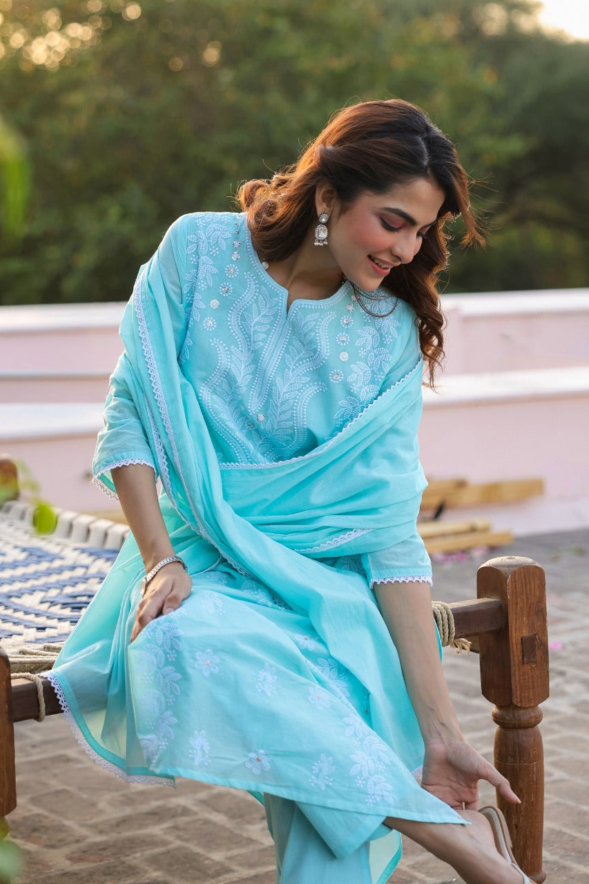 Freyaa Aqua Blue Embroidered Straight Kurta Trouser with Dupatta Set