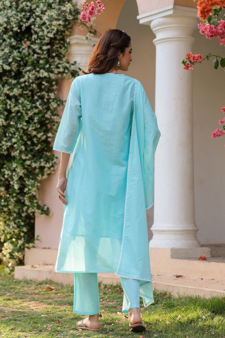 Freyaa Aqua Blue Embroidered Straight Kurta Trouser with Dupatta Set