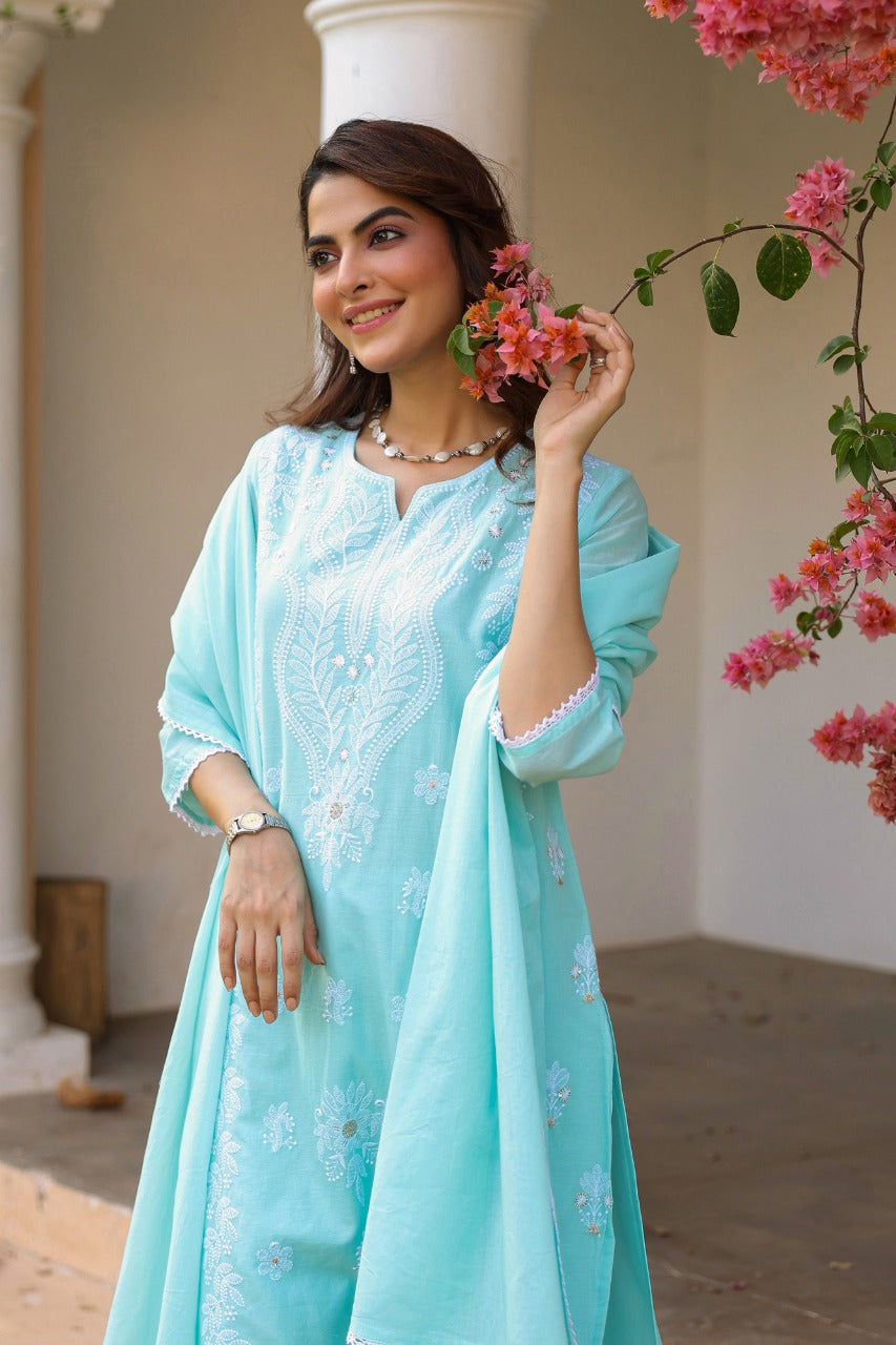 Freyaa Aqua Blue Embroidered Straight Kurta Trouser with Dupatta Set