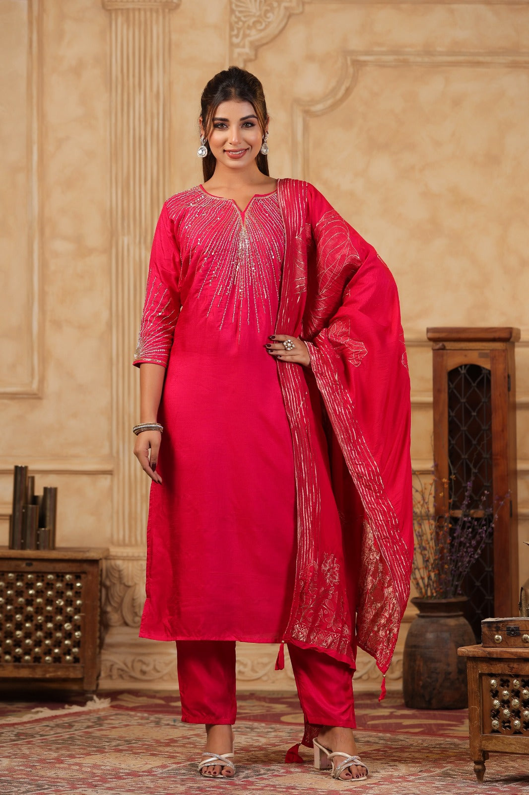 Rani Pink Embroidered Three Piece Suit with Dupatta