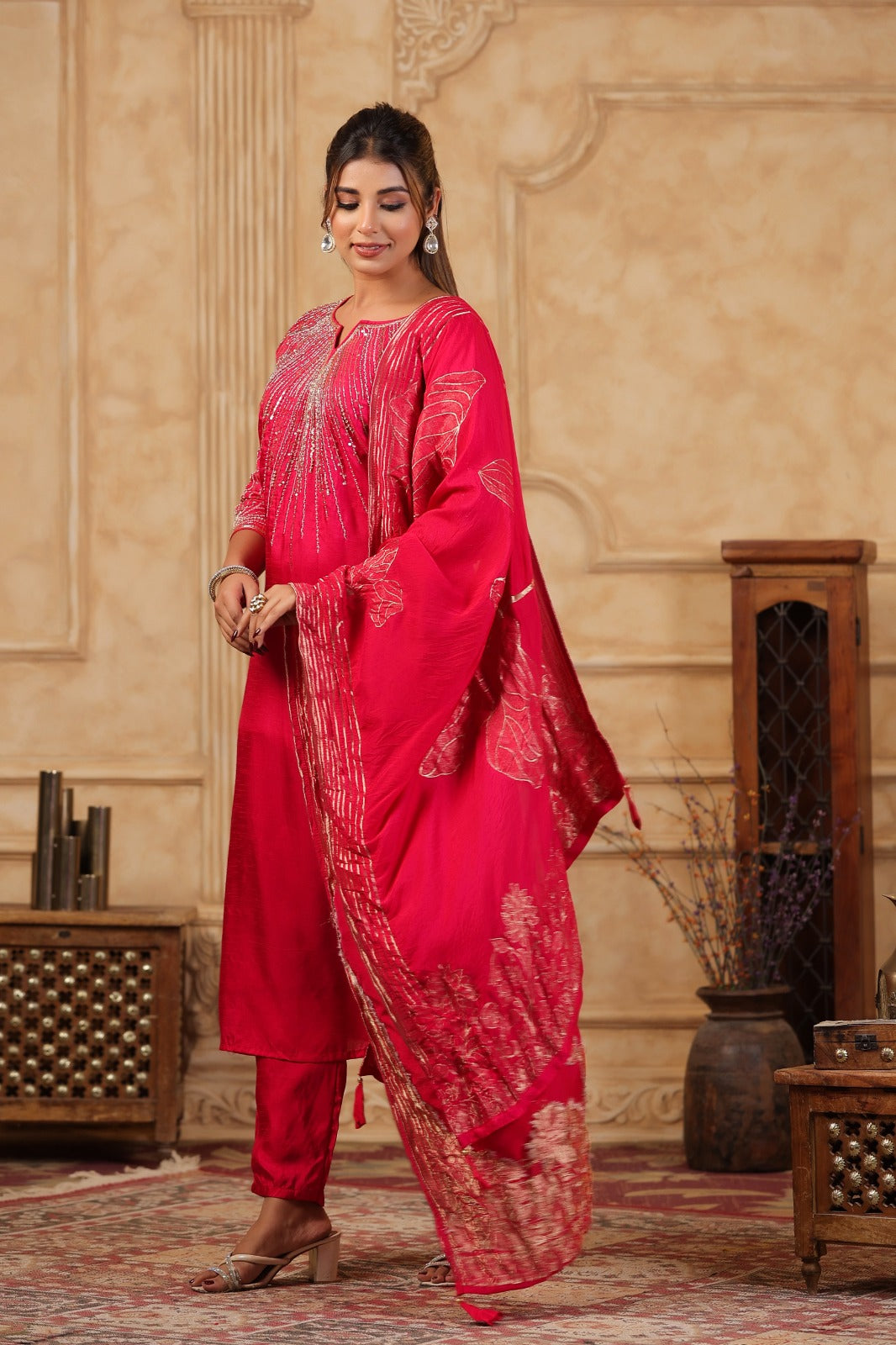 Rani Pink Embroidered Three Piece Suit with Dupatta