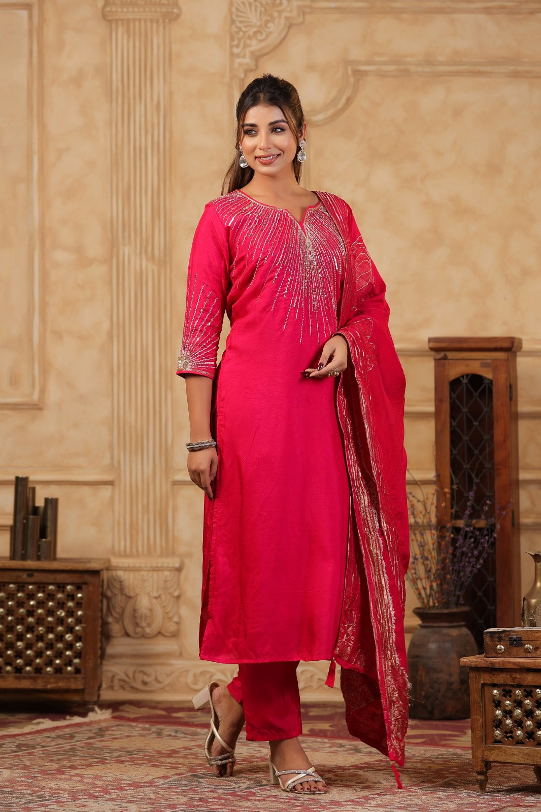 Rani Pink Embroidered Three Piece Suit with Dupatta