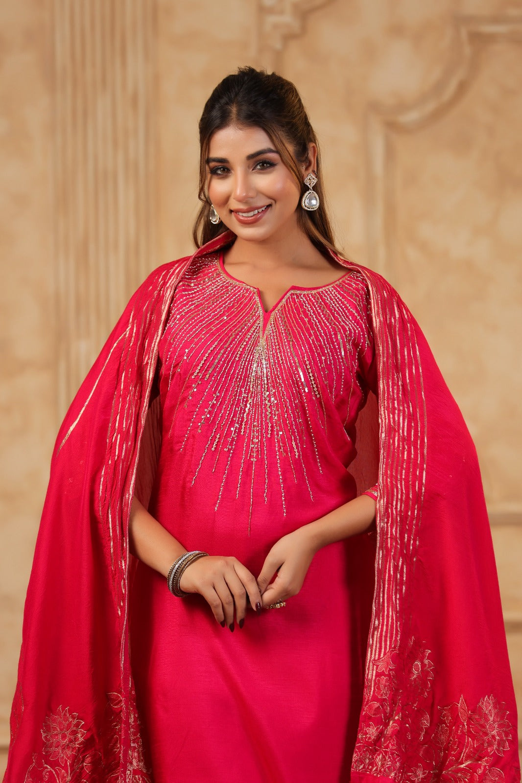Rani Pink Embroidered Three Piece Suit with Dupatta
