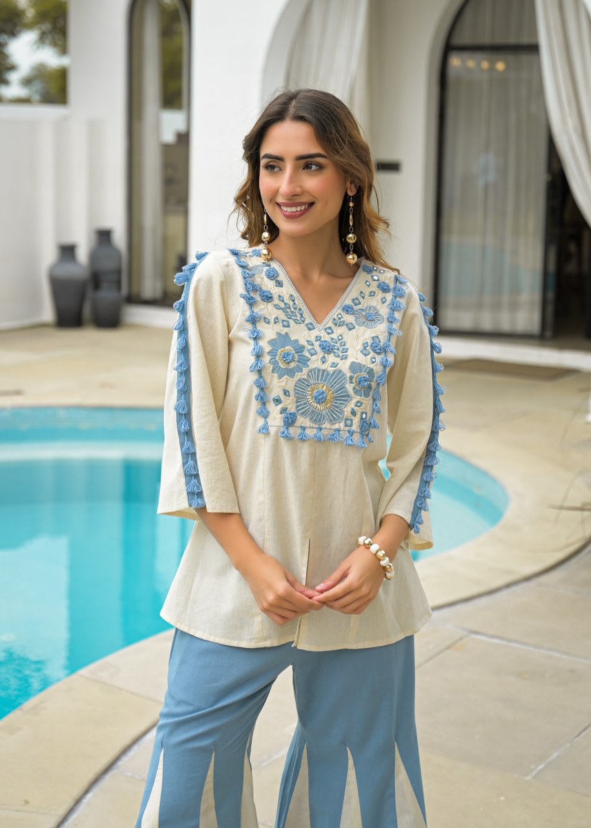 Blue Two-Piece Cord Set with Embroidered Top and Striped Pants