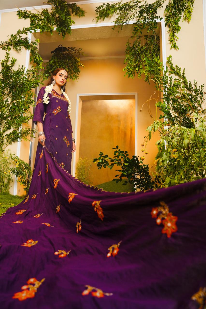 Purple Embroidered Kurta Three-Piece Set with Dupatta